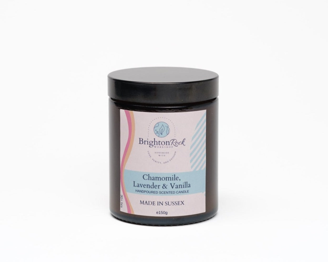 chamomile, lavender & vanilla relaxing candle, handmade in brighton, sussex, united kingdom, vegan friendly cruelty free. amber glass jar, plastic-free packaging