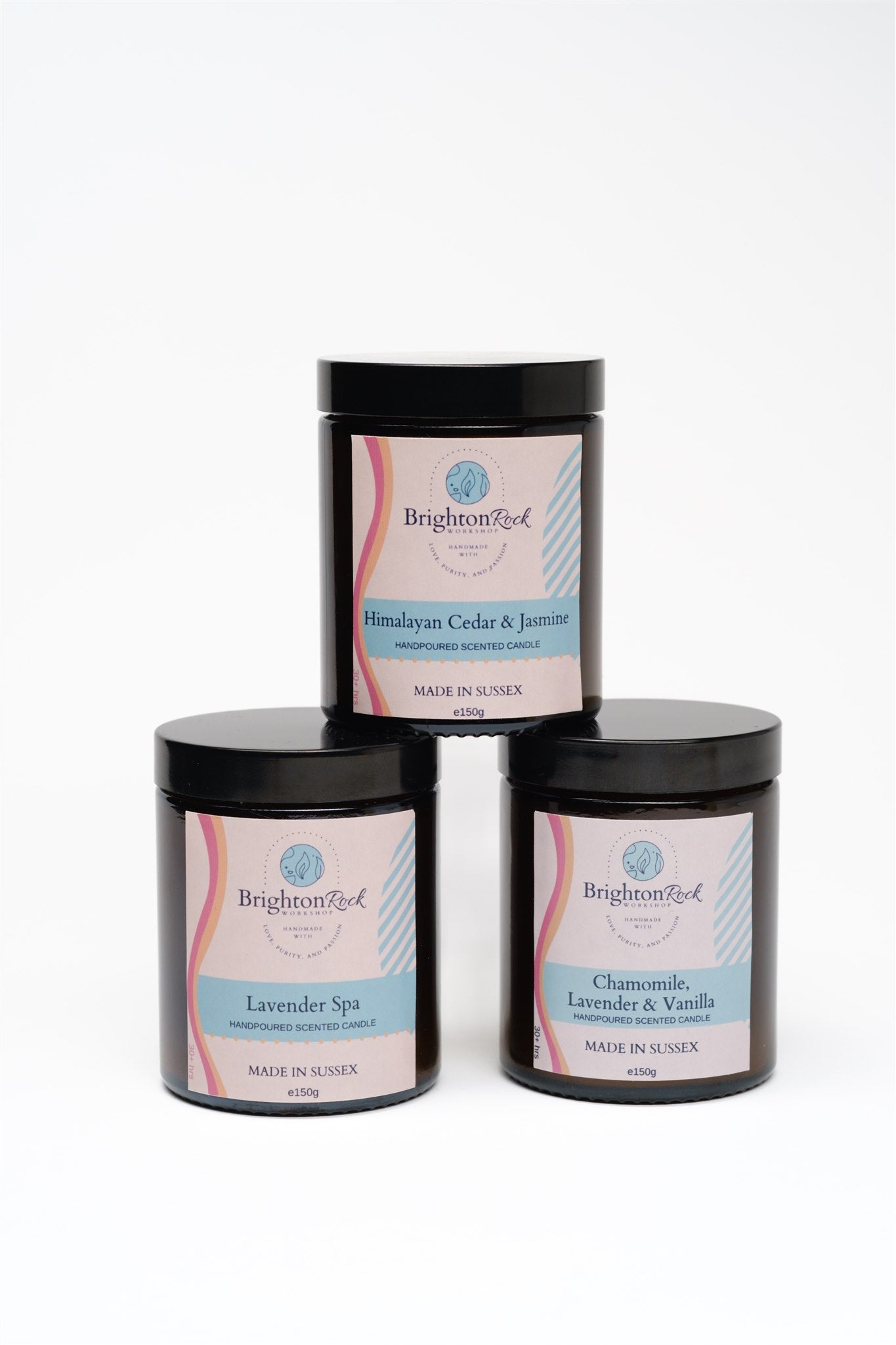 set of 3 relaxing aromatherapy candles, handmade in Brighton, Sussex, UK. Vegan friendly and cruelty free, comes with lids. long lasting fragrance