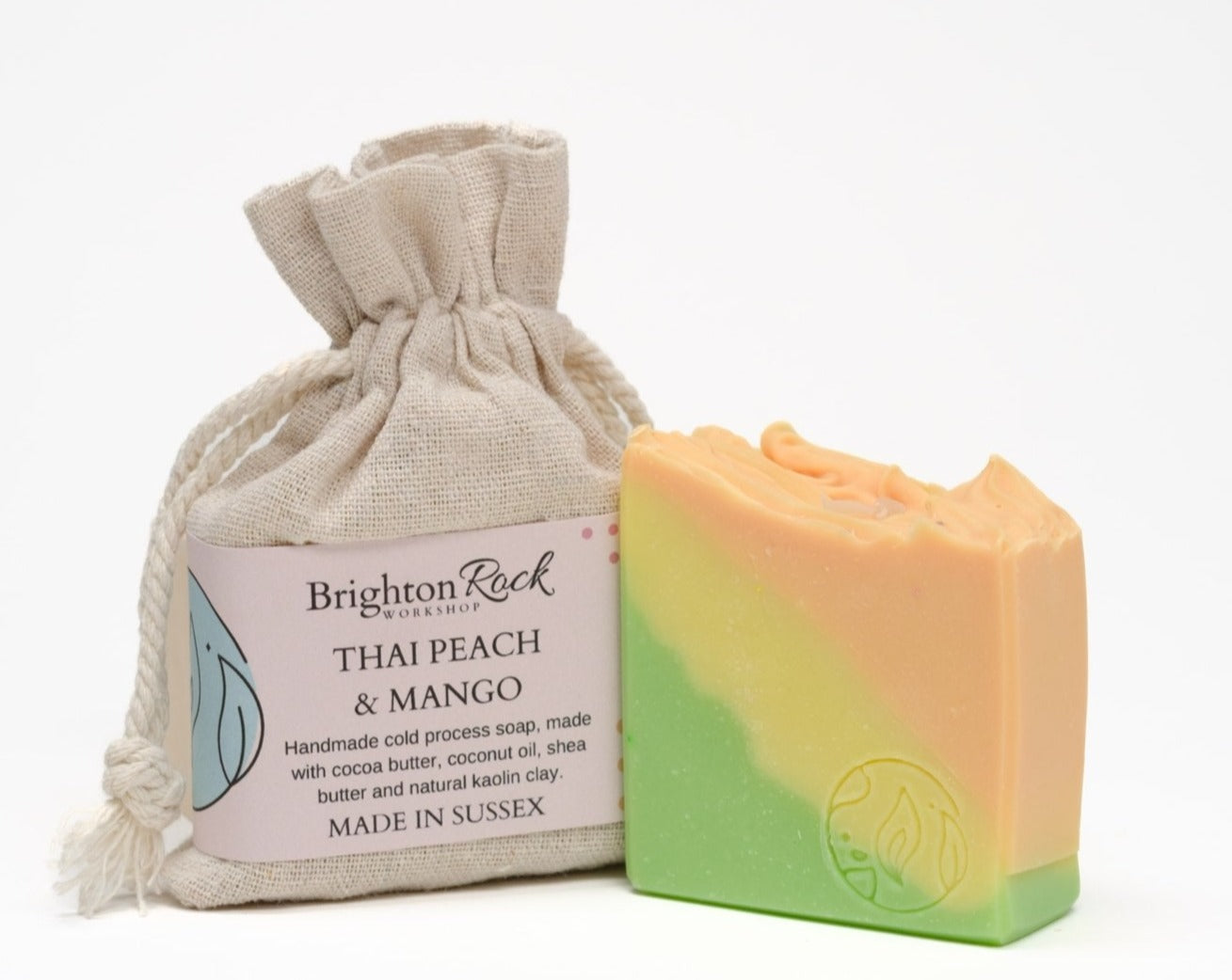 thai peach & mango soap handmade in Brighton, UK. Olive oil soap, coconut oil, shea butter, cocoa butter cold process soap. colourful, sweet, citrus, fruity scent long-lasting bar soap