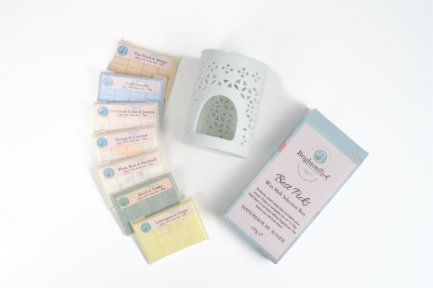 best picks wax melt selection box and small white tea light burner by Brighton Rock Workshop. Handmade in the UK, vegan friendly gifts