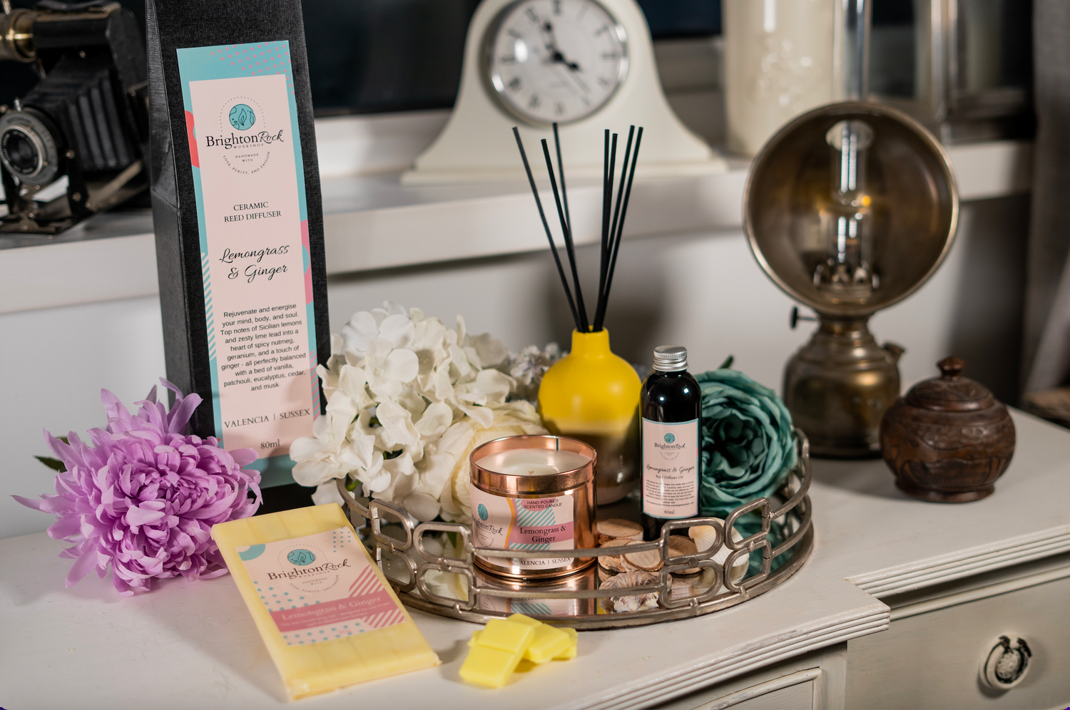 Check out all of our lemongrass & ginger scented products. This is one of our best selling fragrances and is now available in a reed diffuser, candle, wax melt, and soap! Brighton Rock Workshop handmade home fragrance.
