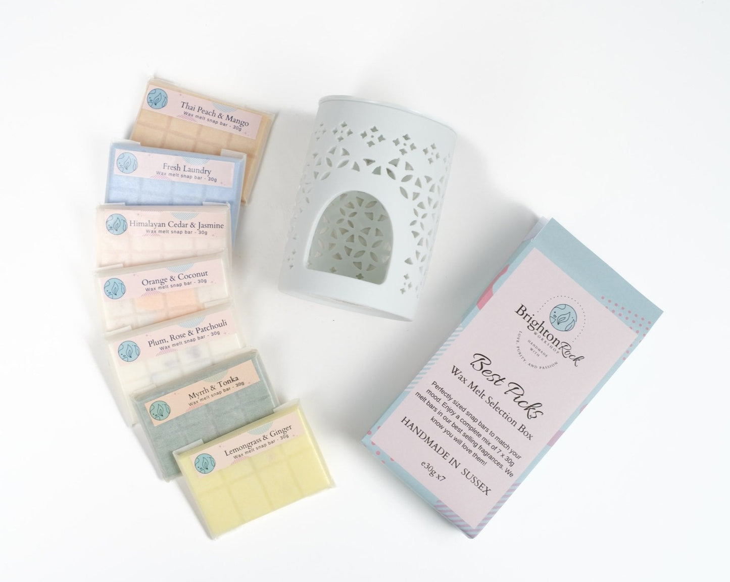 Brighton Rock Workshop Wax melt selection box. 7 of our best selling fragrances in 30g bite-sized bars. Handmade and packaged in eco-friendly and sustainable glassine paper packaging. vegan and cruelty free. ethically made in the UK.