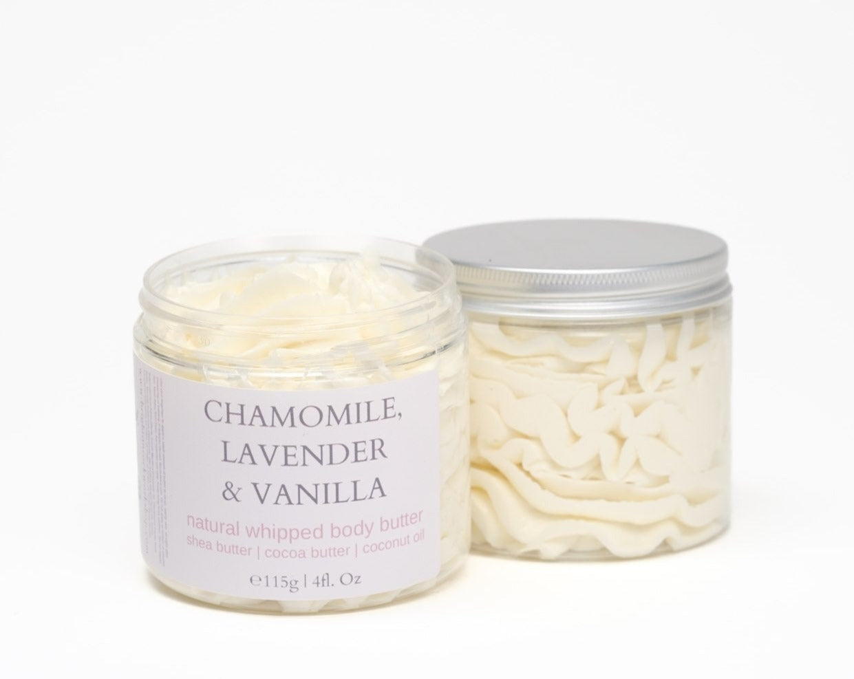 relaxing and theraputic body butter. lavender, chamomile and vanilla blend well together in this whipped shea, cocoa and coconut oil butter to help you unwind after a long day. brighton rock workshop. handmade in the uk. long lasting scent
