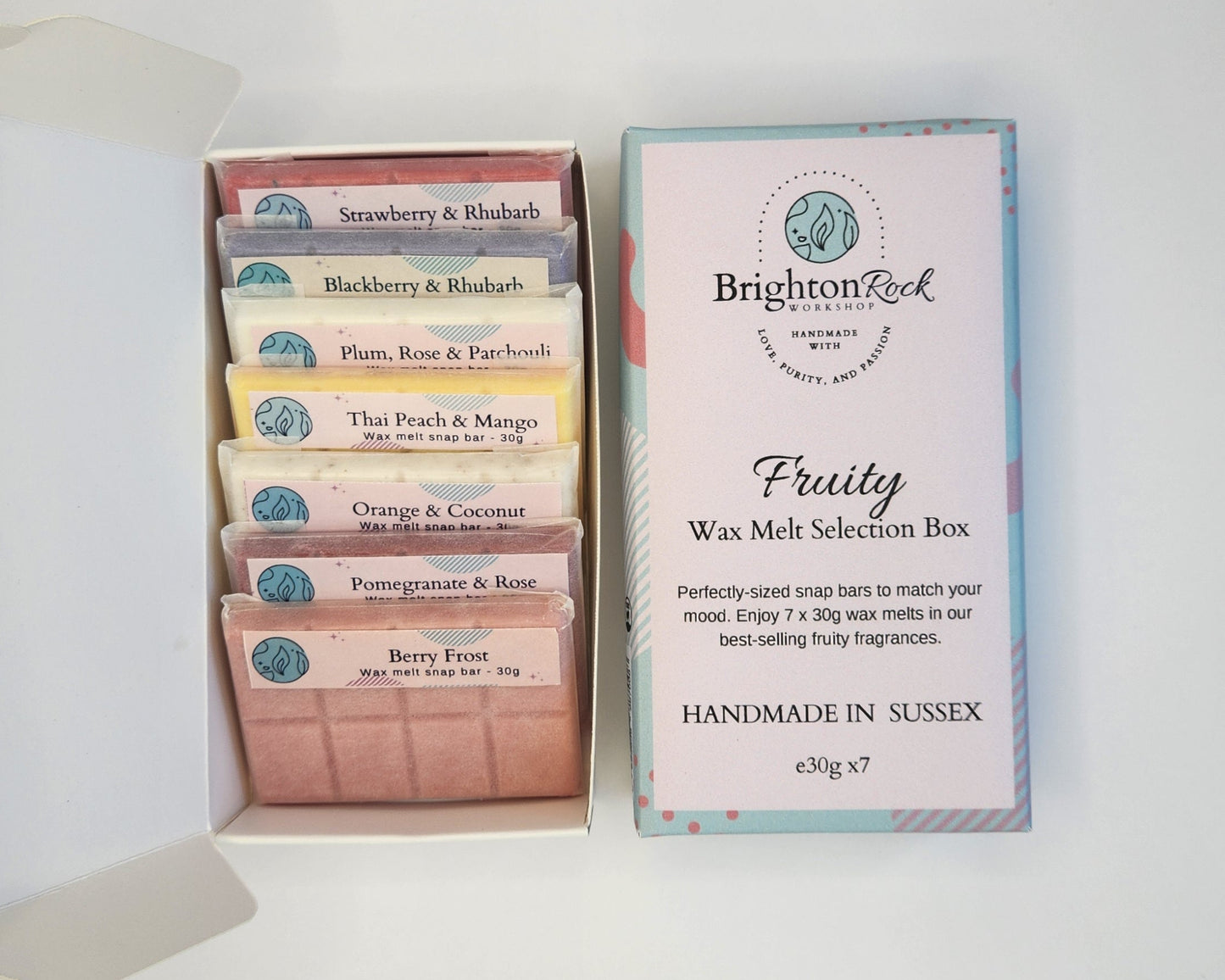 fruity wax melt selection box. handmade in brighton. thai peach & mango, berry, strawberry, rhubarb, blackberry, orange, pomegranate, plum scents