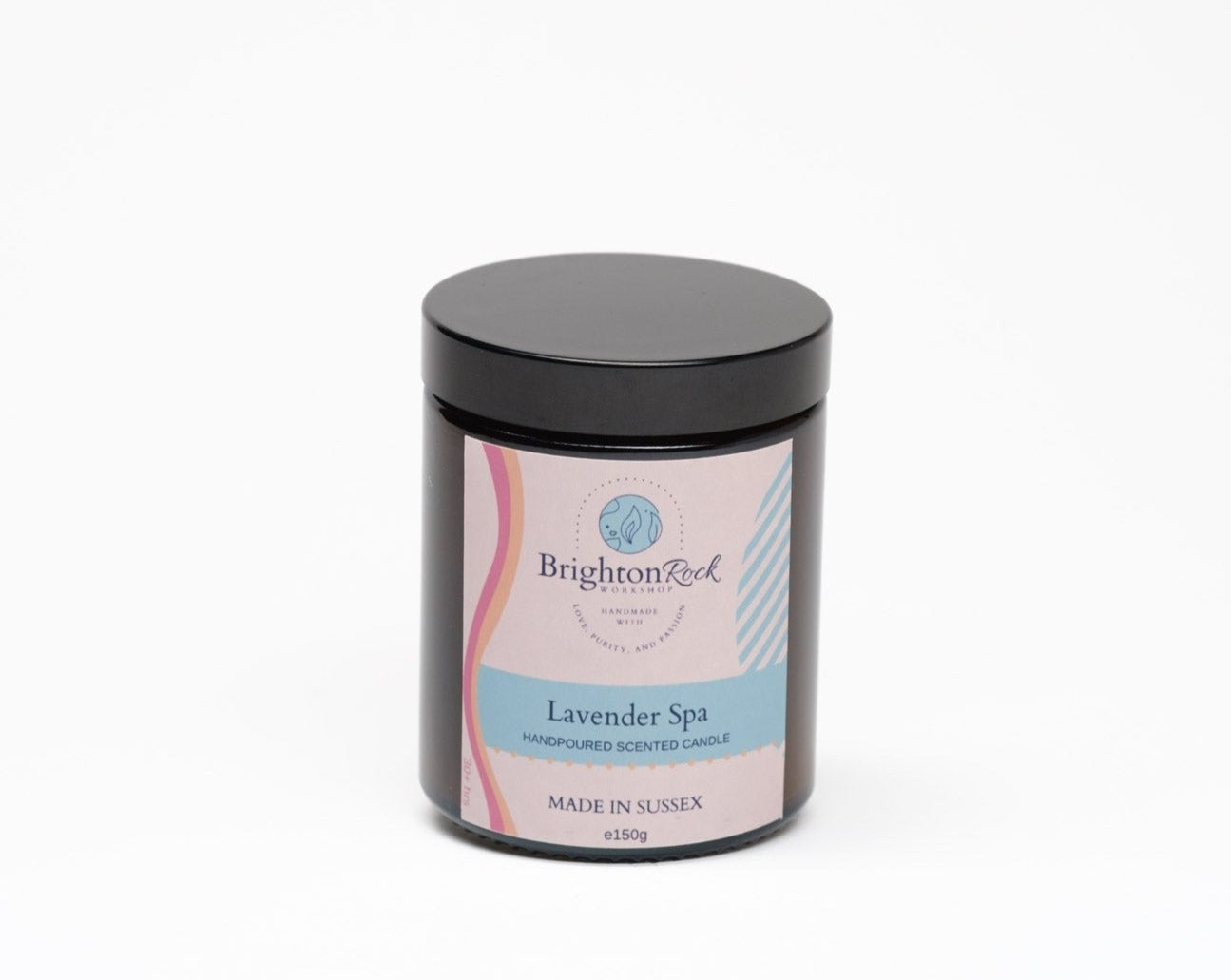 lavender spa strongly-scented long-lasting candle, handmade in Brighton, Sussex, UK. Vegan friendly and cruelty free home fragrances. brown/amber glass jar with black lid