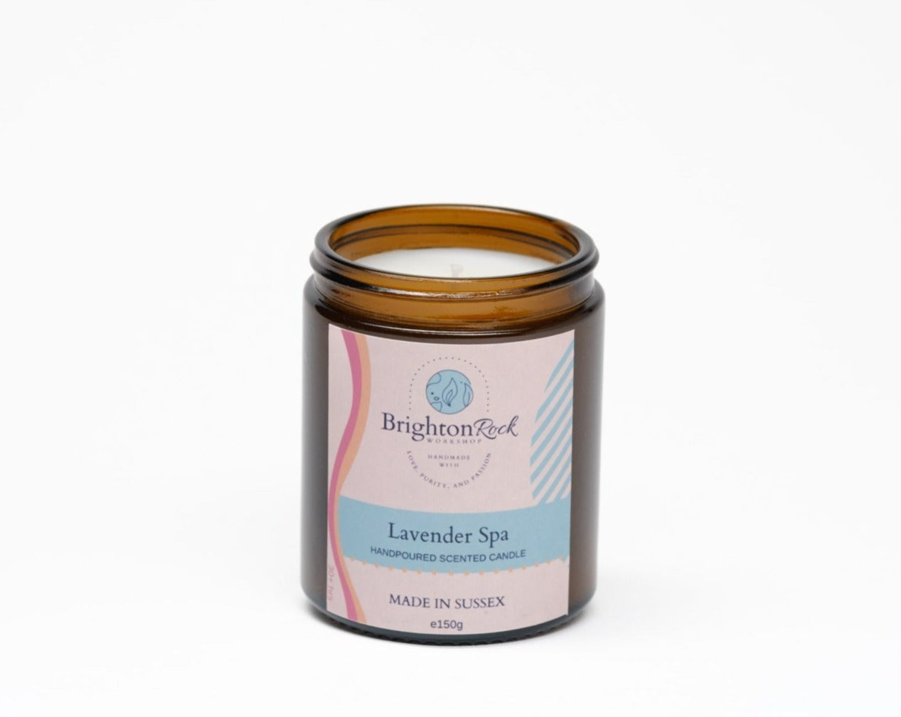 lavender spa strongly-scented long-lasting candle, handmade in Brighton, Sussex, UK. Vegan friendly and cruelty free home fragrances. brown/amber glass jar with black lid