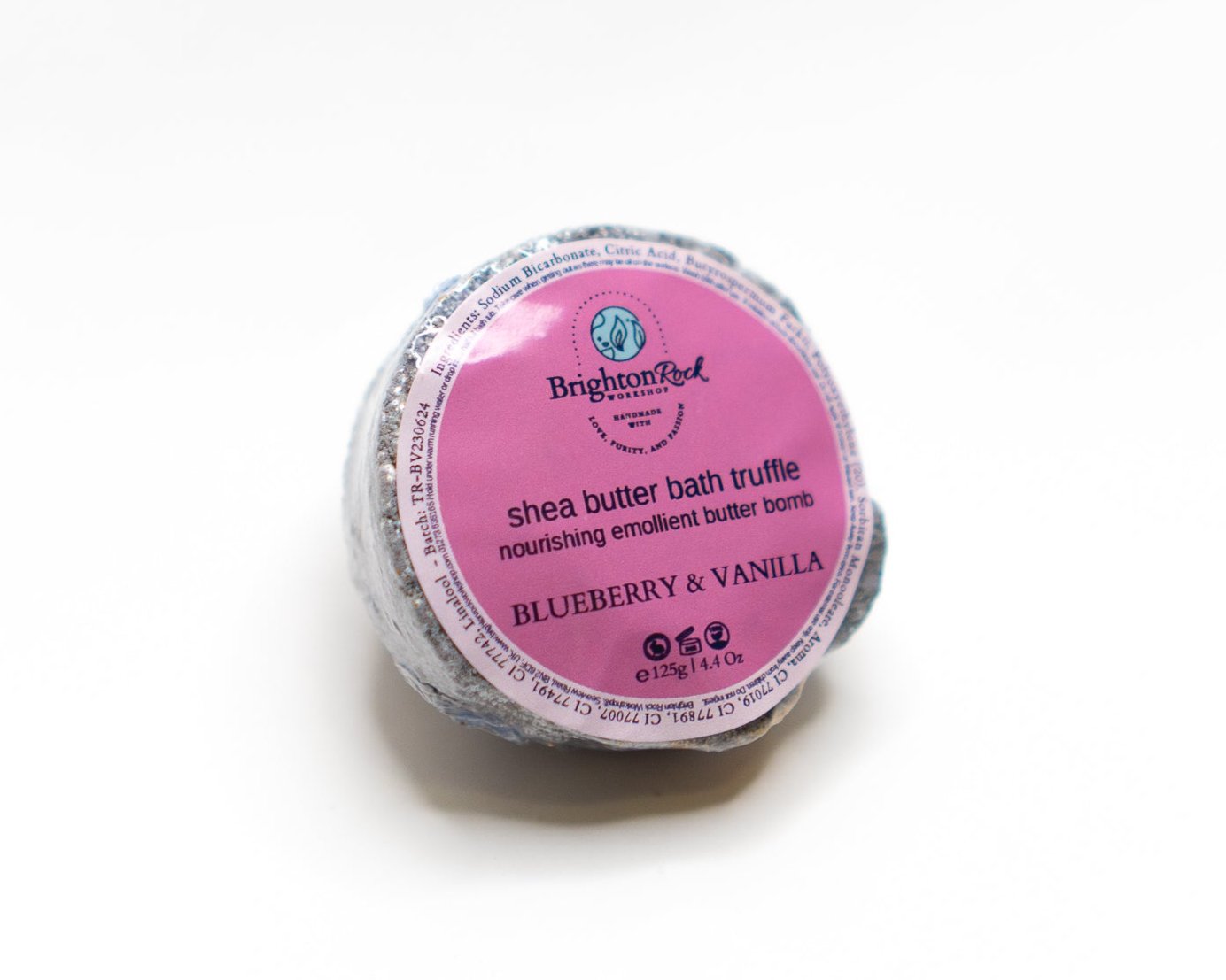 blueberry & vanilla bath truffle, handmade in Brighton skin care self care bath & body warm scent bath bomb shea butter vegan. strongly scented bath & body products. fruity bakery smell
