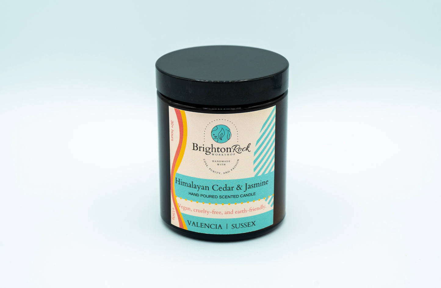 Brighton Rock Workshop Himalayan Cedar & Jasmine scented candle in amber glass jar with black lid. 150g hand poured and handcrafted with love, purity, and passion in Alicante, Spain. Eco-friendly and recyclable, vegan friendly and cruelty free. You are donating to Fripps Farm animal rescue with every purchase.