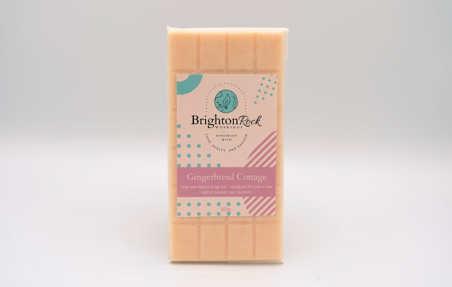 gingerbread cottage scented 30g or 90g strongly scented wax melt snap bars. Eco friendly waxed paper packaging. Brighton Rock Workshop wax melts made in Spain and the United Kingdom, available in two sizes. Suitable for tea light or electric burners