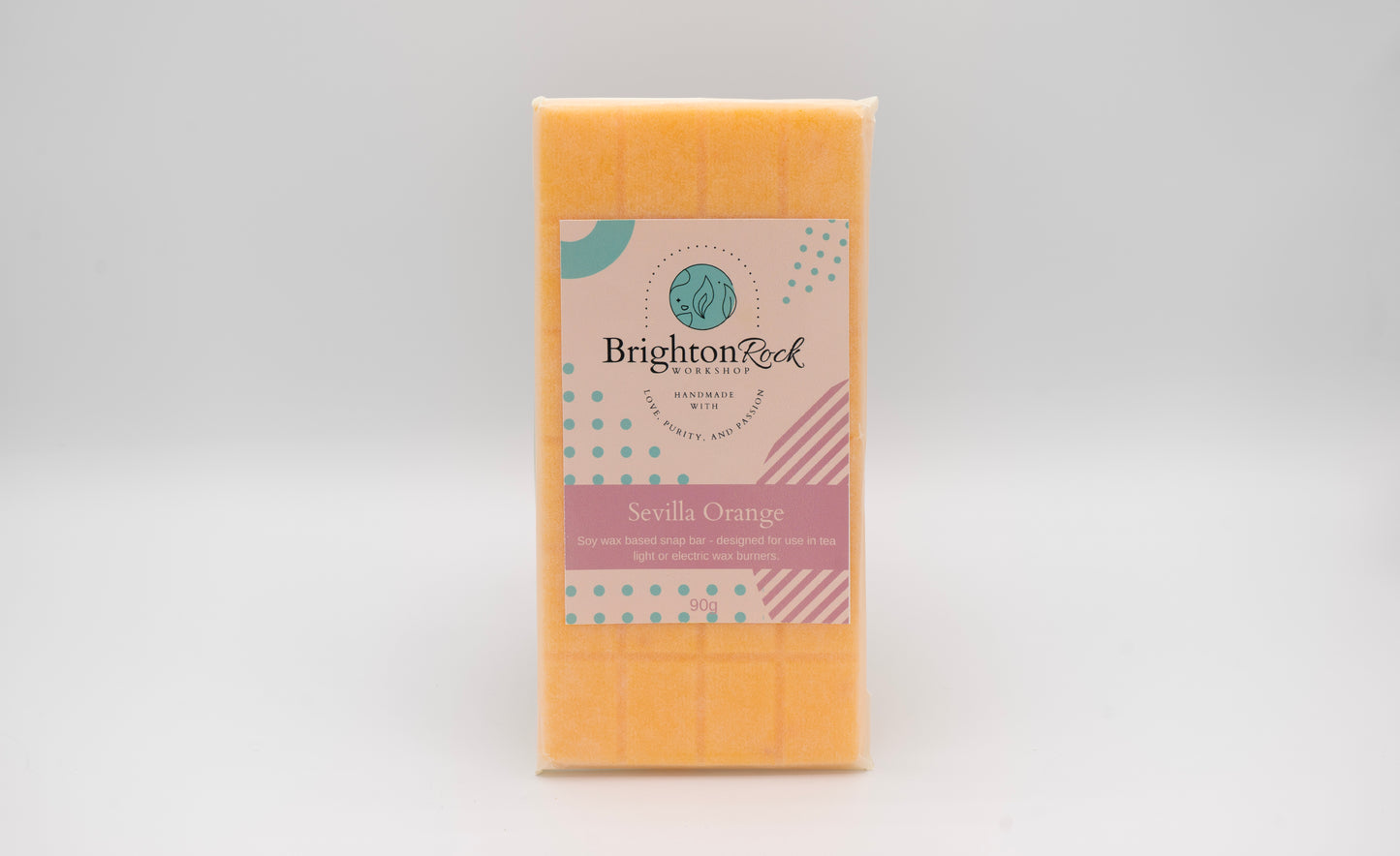 Spanish Sevilla orange scented 30g or 90g strongly scented wax melt snap bars. Eco friendly waxed paper packaging. Brighton Rock Workshop wax melts made in Spain and the United Kingdom, available in two sizes. Suitable for tea light or electric burners