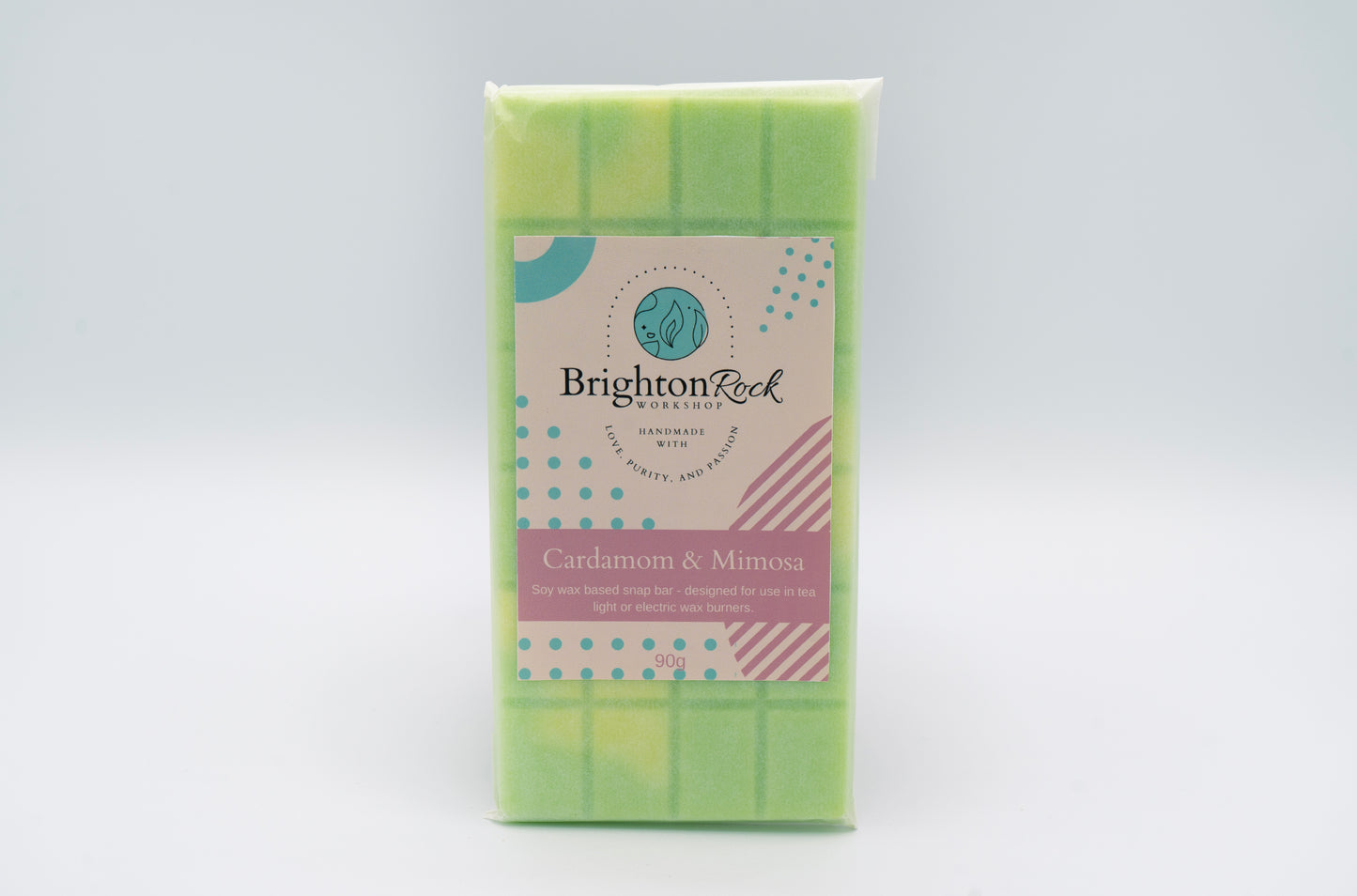cardamom and mimosa 30g or 90g strongly scented wax melt snap bars. Eco friendly waxed paper packaging. Brighton Rock Workshop wax melts made in Spain and the United Kingdom, available in two sizes. Suitable for tea light or electric burners