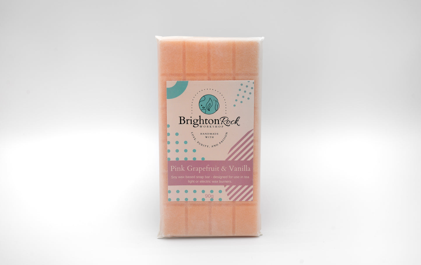 pink grapefruit and vanilla scented 30g or 90g strongly scented wax melt snap bars. Eco friendly waxed paper packaging. Brighton Rock Workshop wax melts made in Spain and the United Kingdom, available in two sizes. Suitable for tea light or electric burners