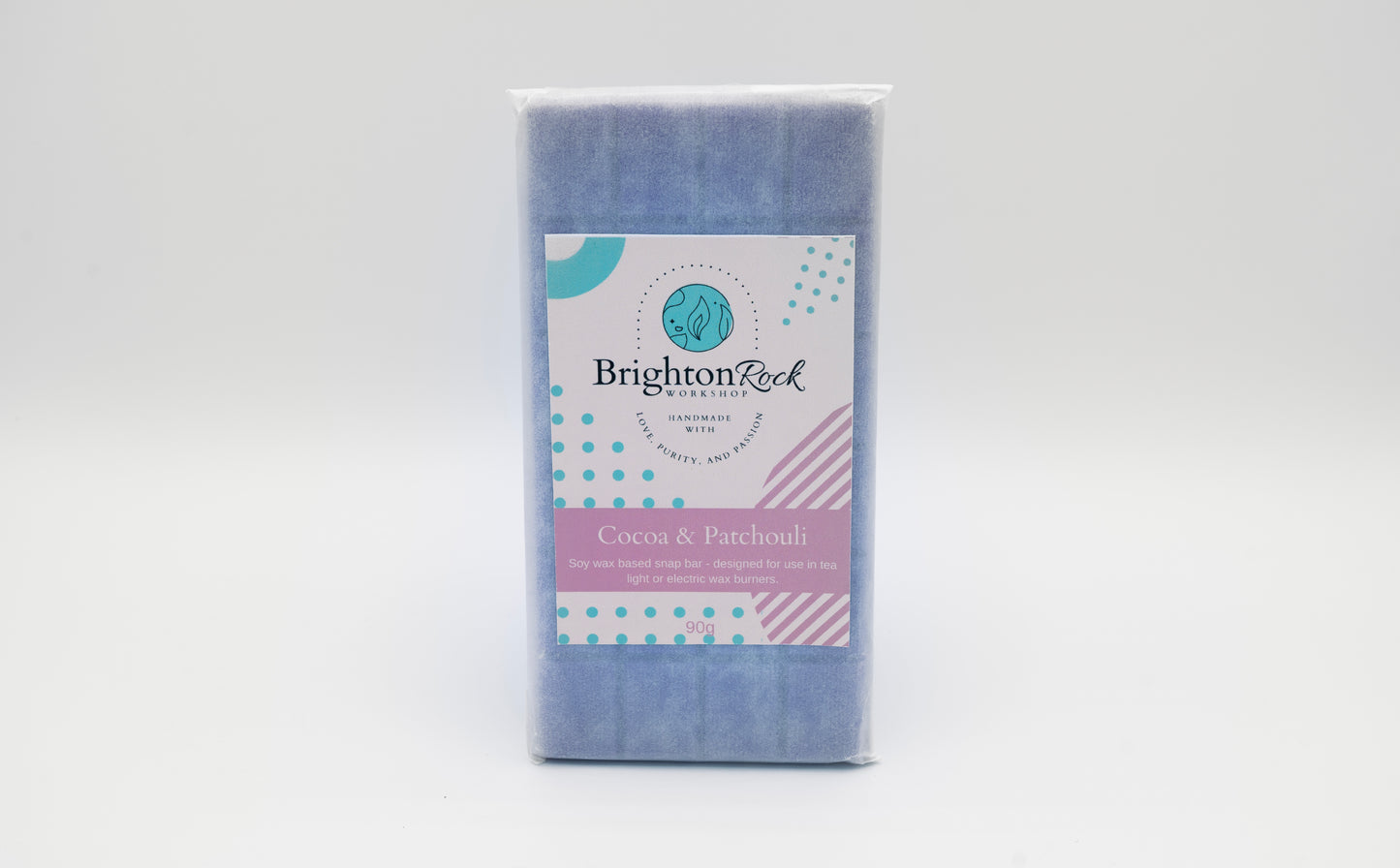 cocoa and patchouli 30g or 90g strongly scented wax melt snap bars. Eco friendly waxed paper packaging. Brighton Rock Workshop wax melts made in Spain and the United Kingdom, available in two sizes. Suitable for tea light or electric burners