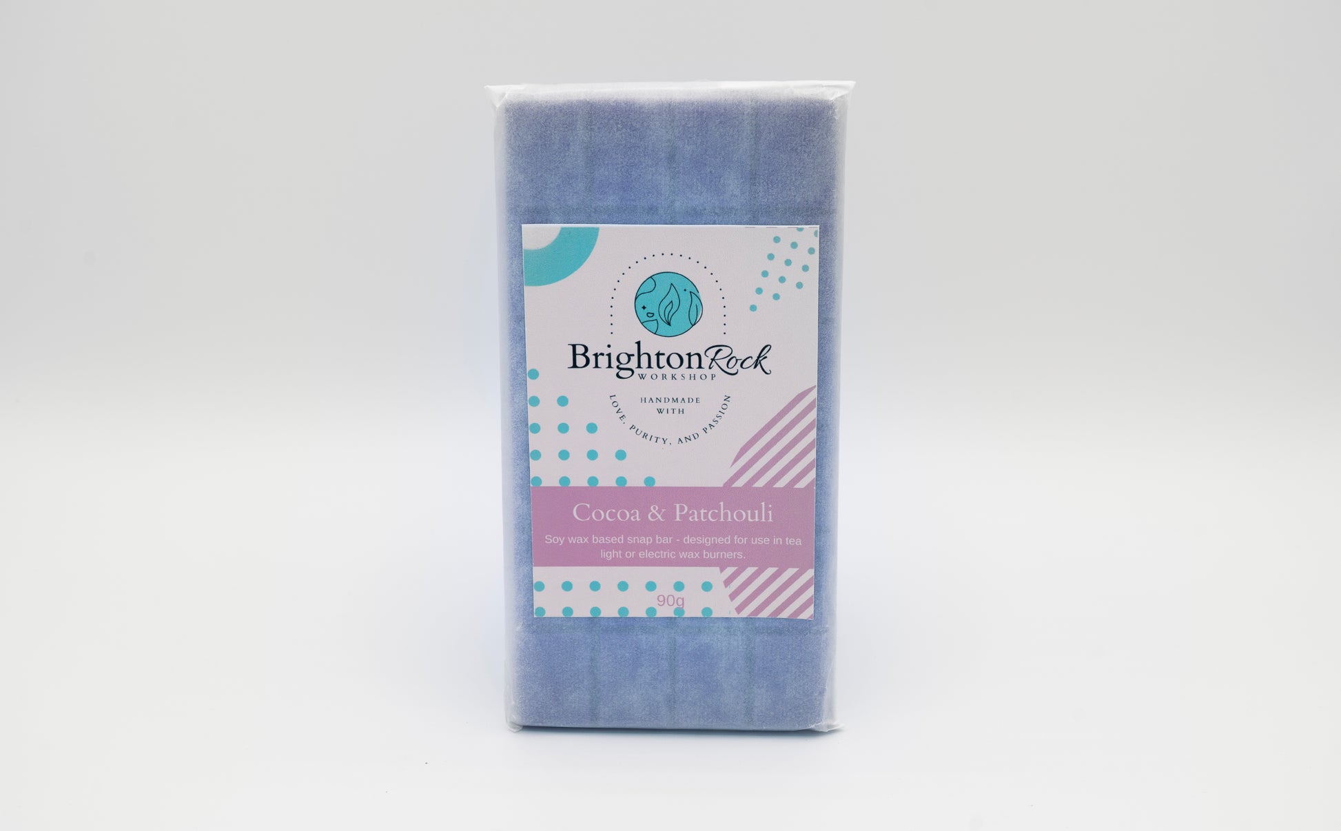 cocoa and patchouli 30g or 90g strongly scented wax melt snap bars. Eco friendly waxed paper packaging. Brighton Rock Workshop wax melts made in Spain and the United Kingdom, available in two sizes. Suitable for tea light or electric burners