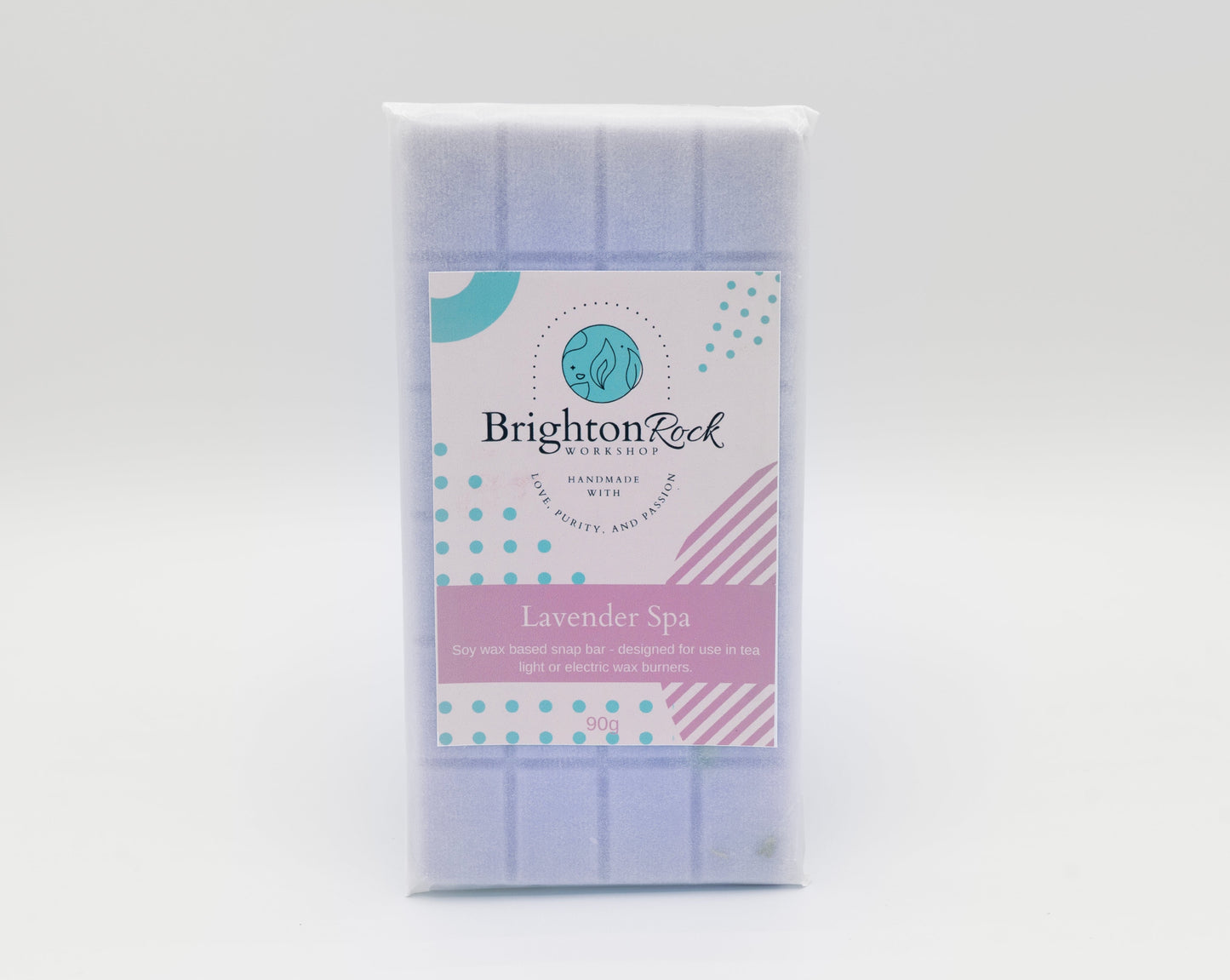 lavender spa 30g or 90g strongly scented wax melt snap bars. Eco friendly waxed paper packaging. Brighton Rock Workshop wax melts made in Spain and the United Kingdom, available in two sizes. Suitable for tea light or electric burners