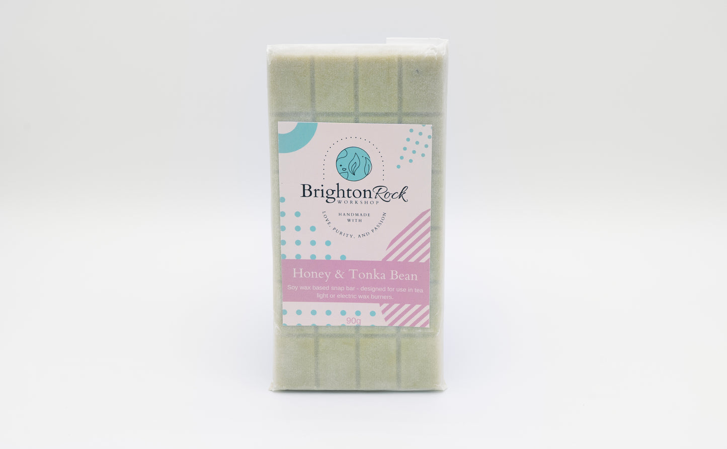honey and tonka 30g or 90g strongly scented wax melt snap bars. Eco friendly waxed paper packaging. Brighton Rock Workshop wax melts made in Spain and the United Kingdom, available in two sizes. Suitable for tea light or electric burners