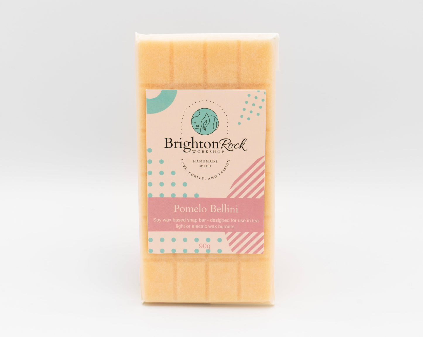 Pomelo bellini pink champagne scented 30g or 90g strongly scented wax melt snap bars. Eco friendly waxed paper packaging. Brighton Rock Workshop wax melts made in Spain and the United Kingdom, available in two sizes. Suitable for tea light or electric burners