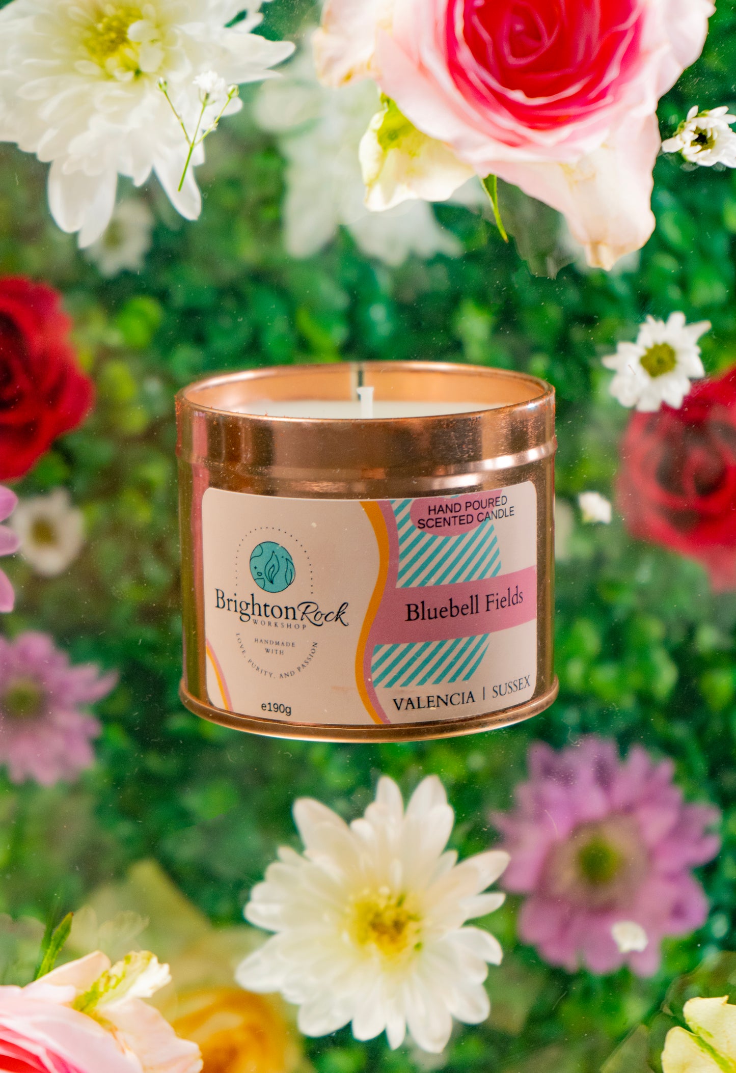 Bluebell Fields scented candle in a rose gold tin with matching lid. Brighton Rock Workshop strongly-scented candles. 190g eco-friendly, sustainable, recyclable packaging, vegan friendly and cruelty free