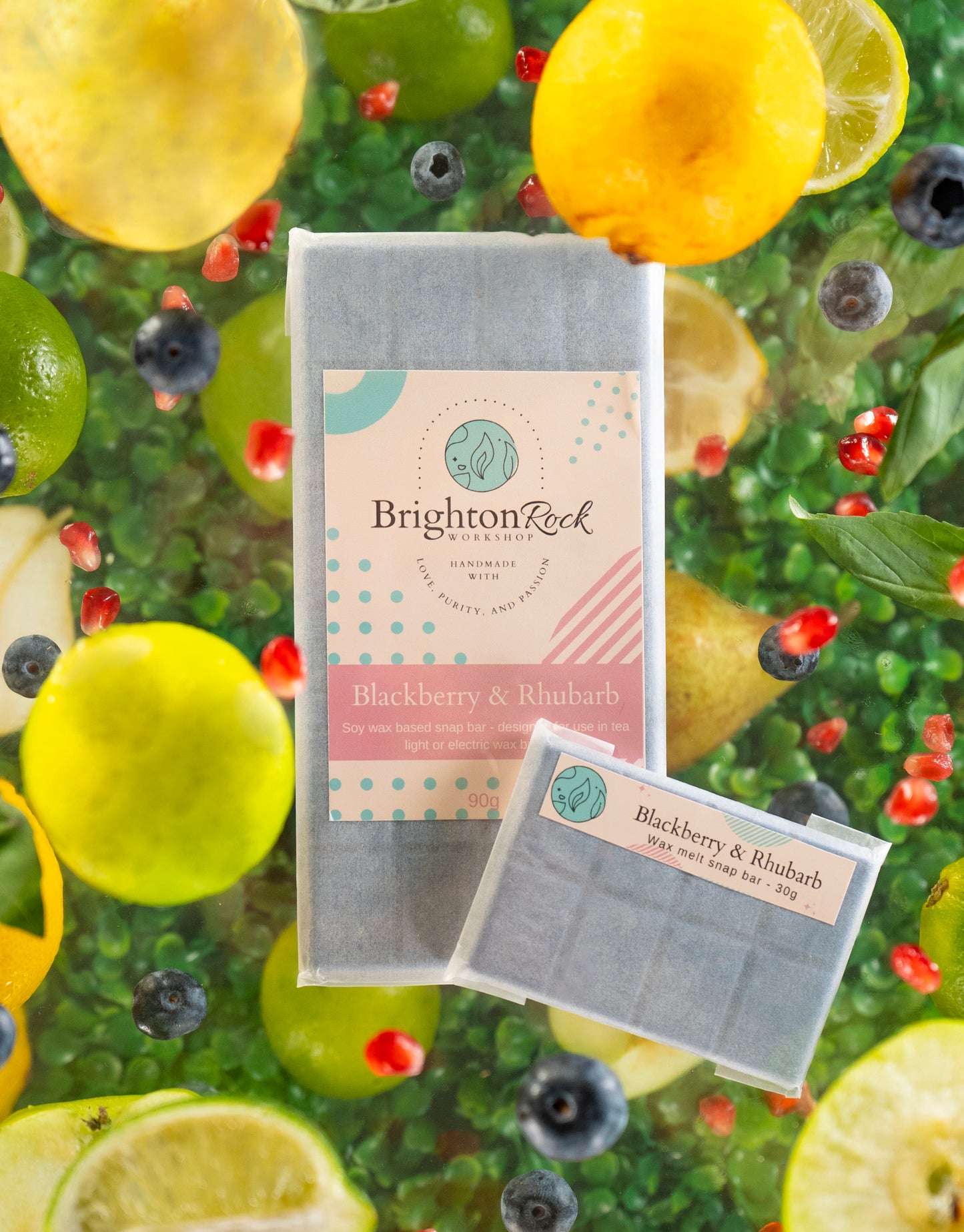 blackberry and rhubarb 30g or 90g wax melt snap bar sweet fruity dark fragrance for the home. For use in tea light or electric burners. eco friendly packaging. cruelty free and sustainable