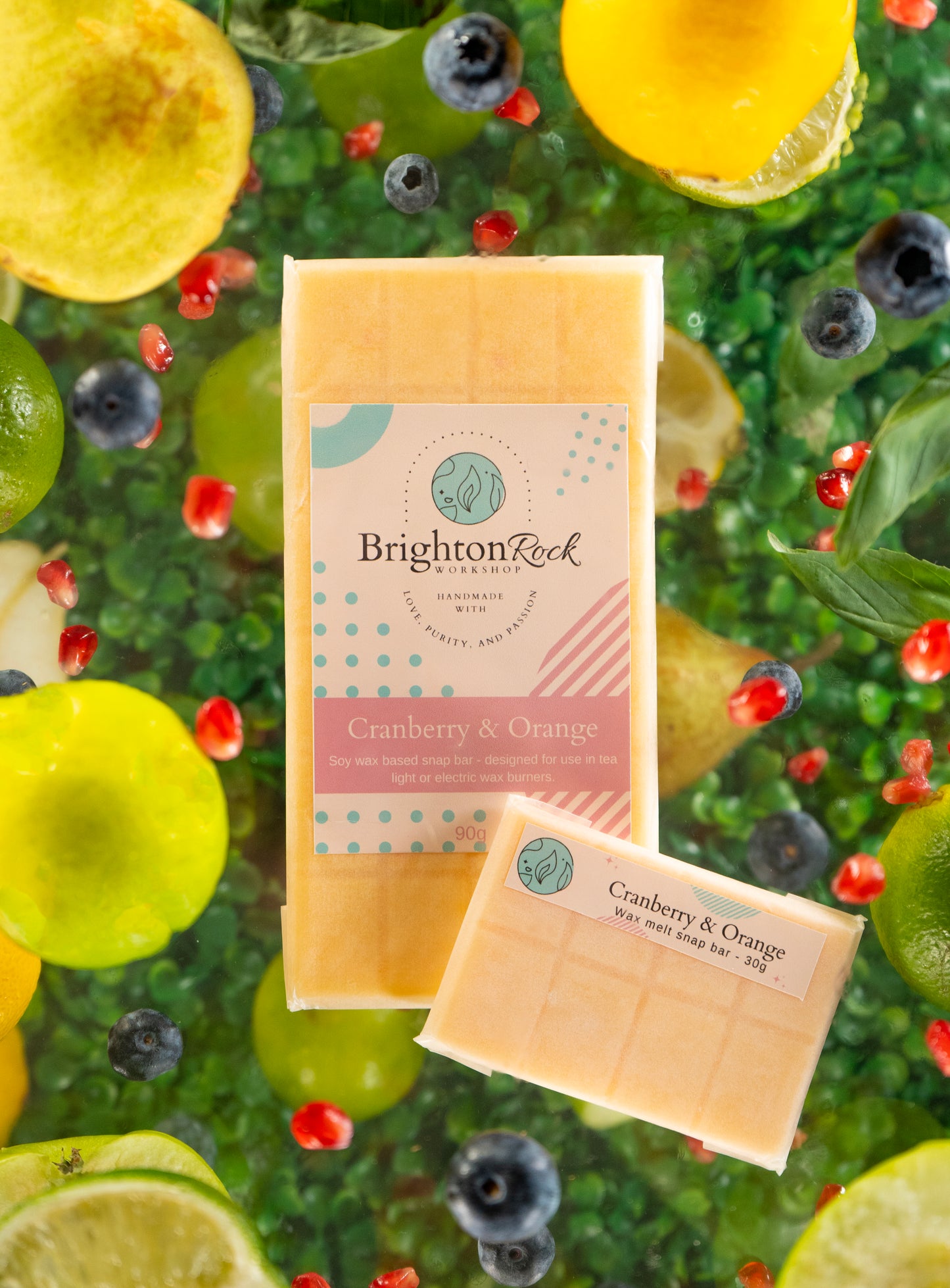 cranberry & orange 30g or 90g strongly scented wax melt snap bars. Eco friendly waxed paper packaging. Brighton Rock Workshop wax melts made in Spain and the United Kingdom, available in two sizes. Suitable for tea light or electric burners