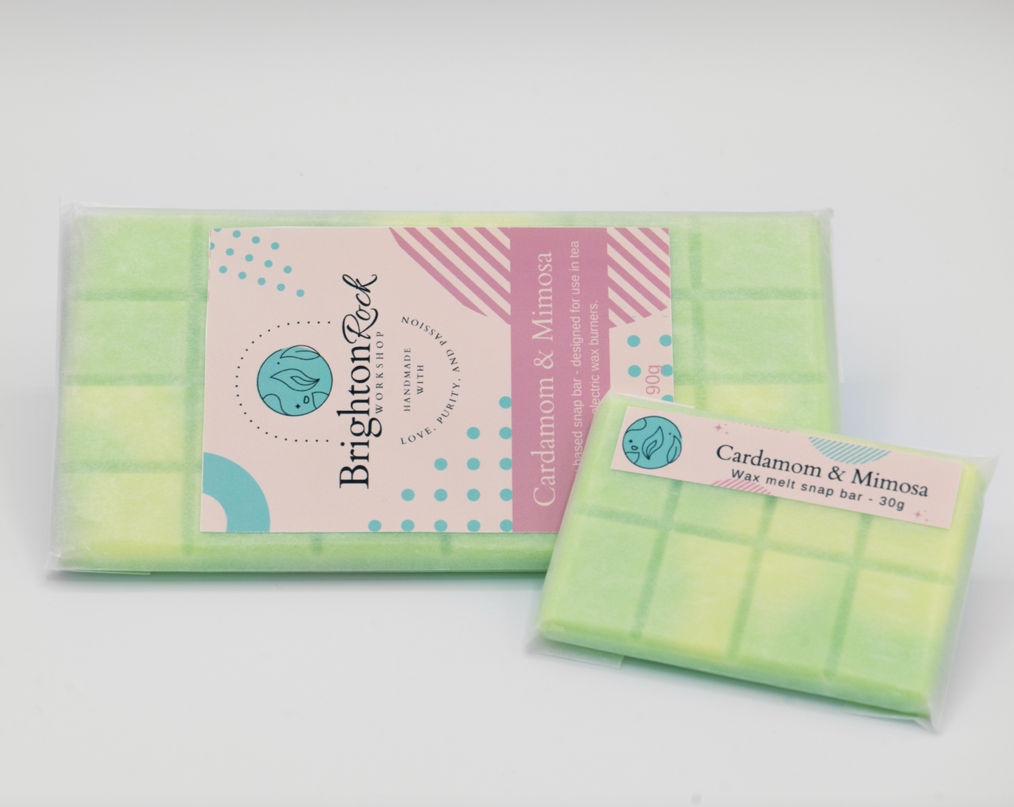 cardamom and mimosa 30g or 90g strongly scented wax melt snap bars. Eco friendly waxed paper packaging. Brighton Rock Workshop wax melts made in Spain and the United Kingdom, available in two sizes. Suitable for tea light or electric burners
