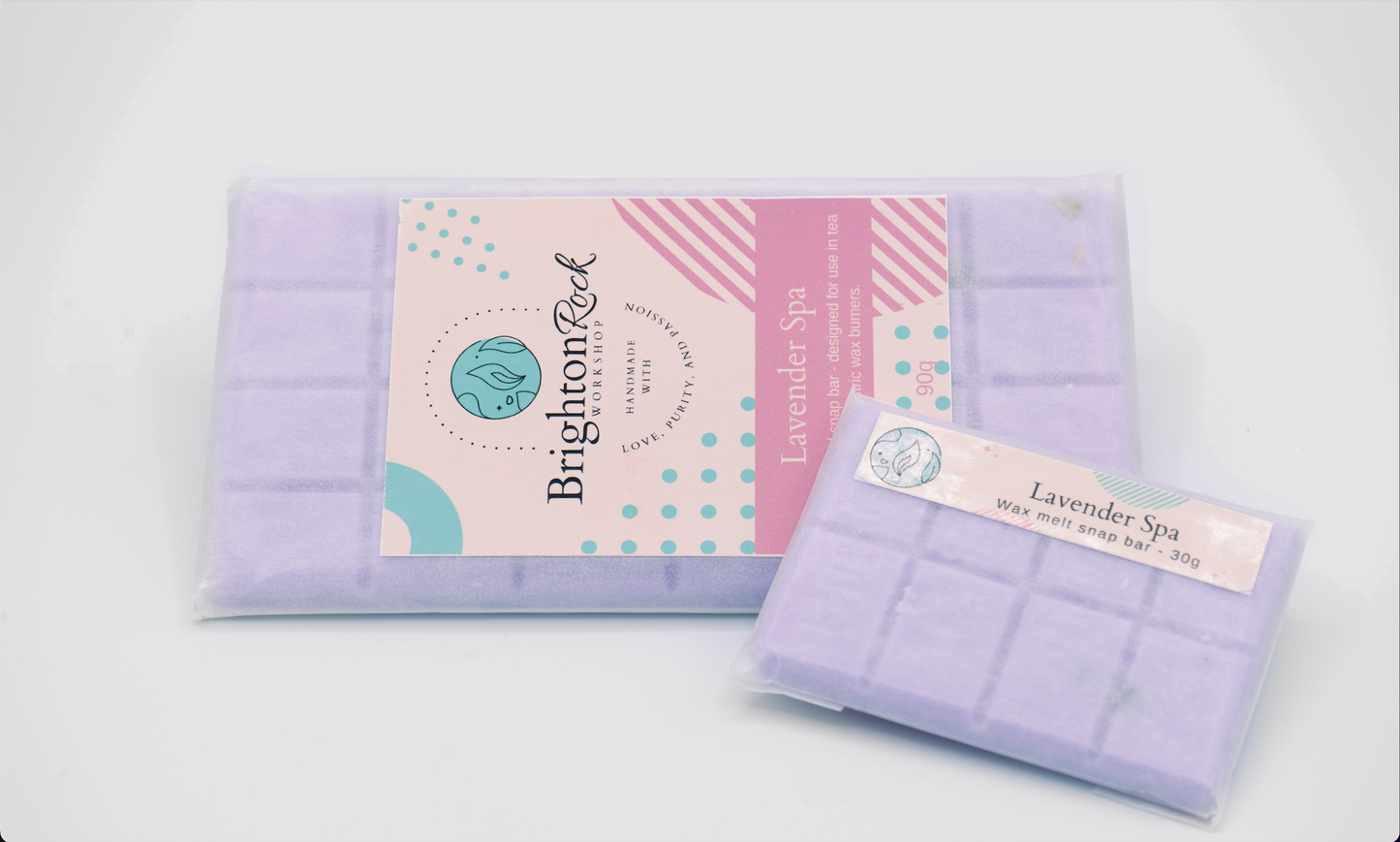 lavender spa 30g or 90g strongly scented wax melt snap bars. Eco friendly waxed paper packaging. Brighton Rock Workshop wax melts made in Spain and the United Kingdom, available in two sizes. Suitable for tea light or electric burners