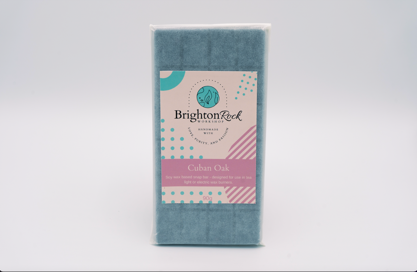 cuban oak 30g or 90g strongly scented wax melt snap bars. Eco friendly waxed paper packaging. Brighton Rock Workshop wax melts made in Spain and the United Kingdom, available in two sizes. Suitable for tea light or electric burners