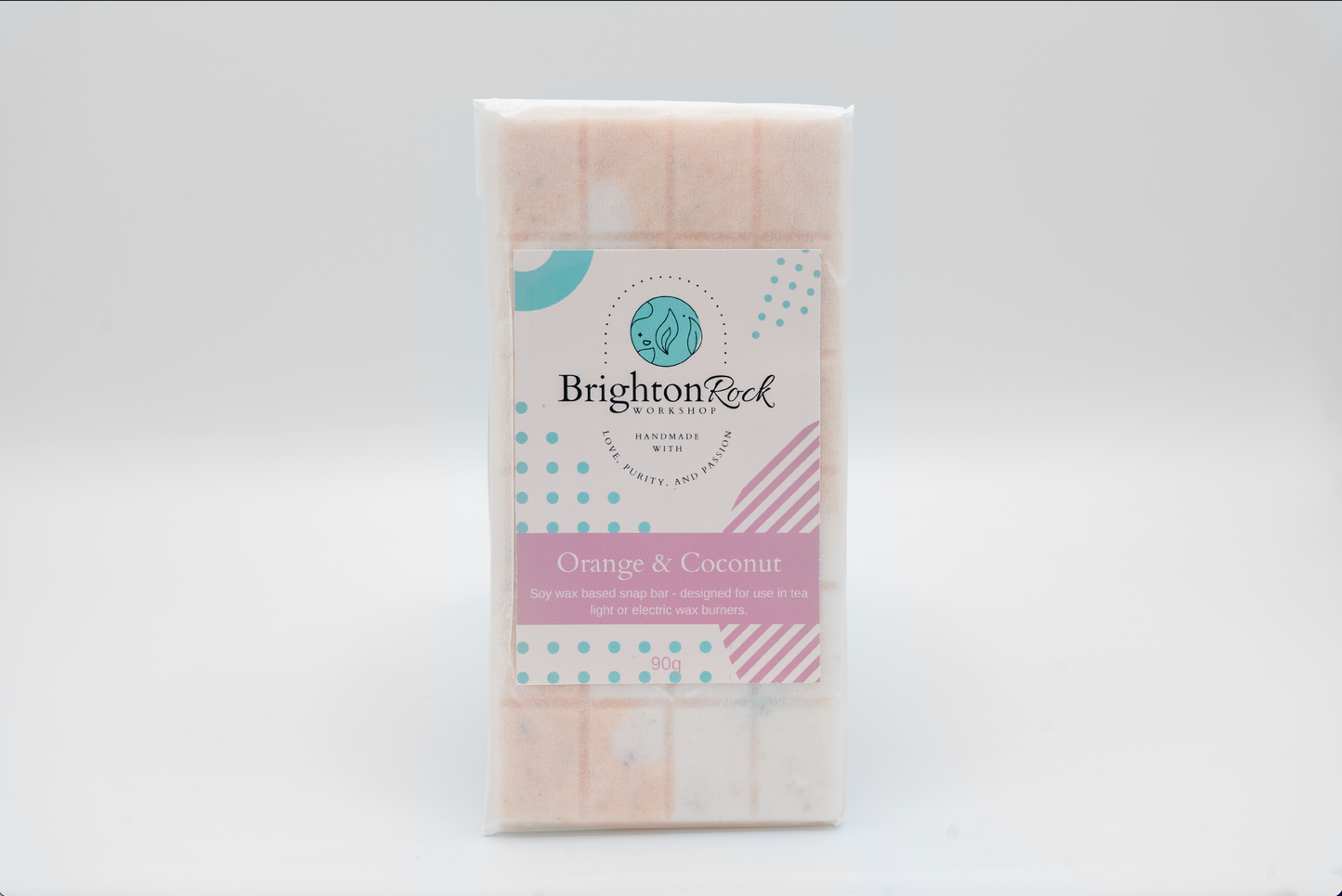 orange & coconut scented 30g or 90g strongly scented wax melt snap bars. Eco friendly waxed paper packaging. Brighton Rock Workshop wax melts made in Spain and the United Kingdom, available in two sizes. Suitable for tea light or electric burners