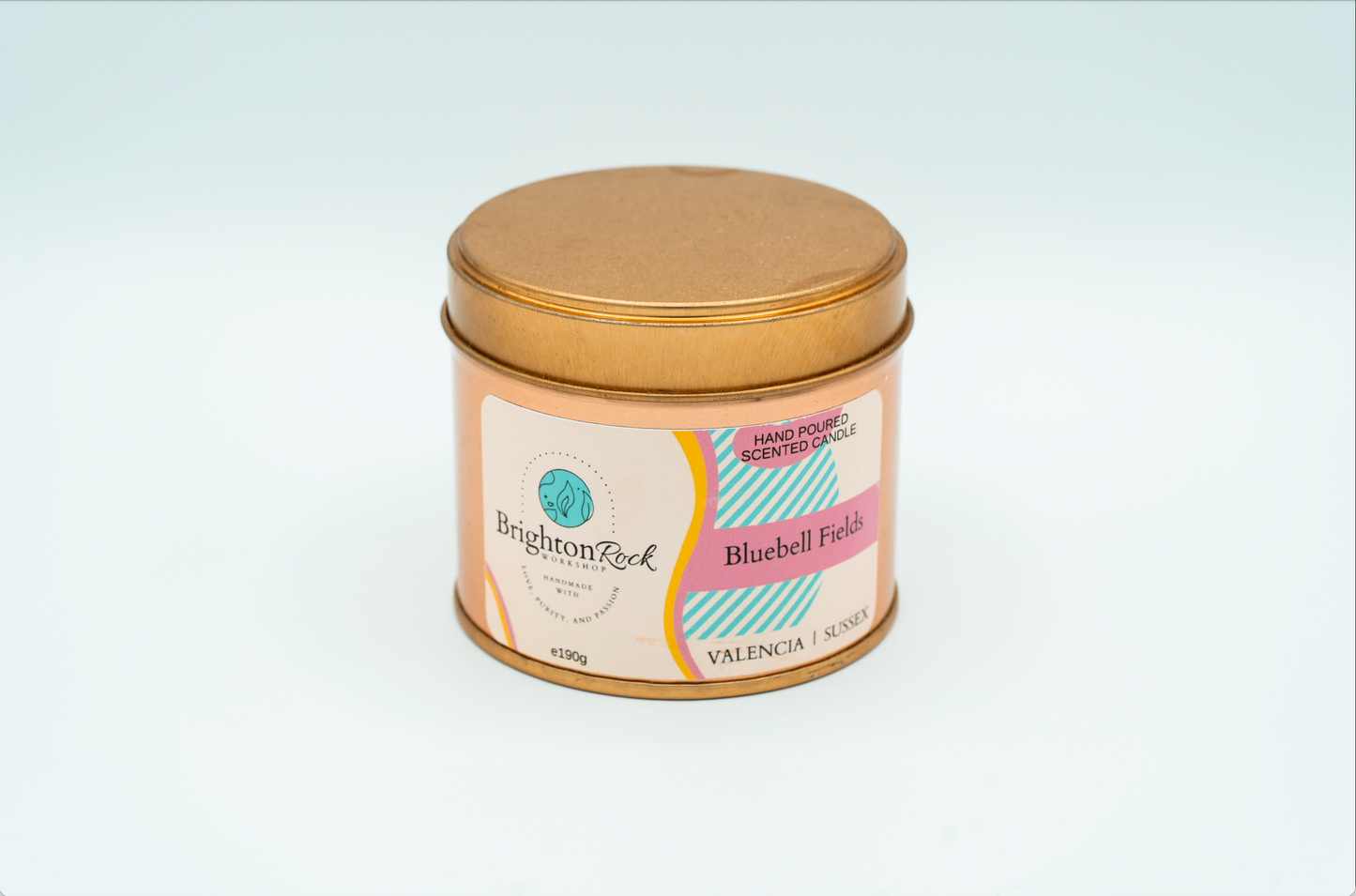 Bluebell Fields scented candle in a rose gold tin with matching lid. Brighton Rock Workshop strongly-scented candles. 190g eco-friendly, sustainable, recyclable packaging, vegan friendly and cruelty free
