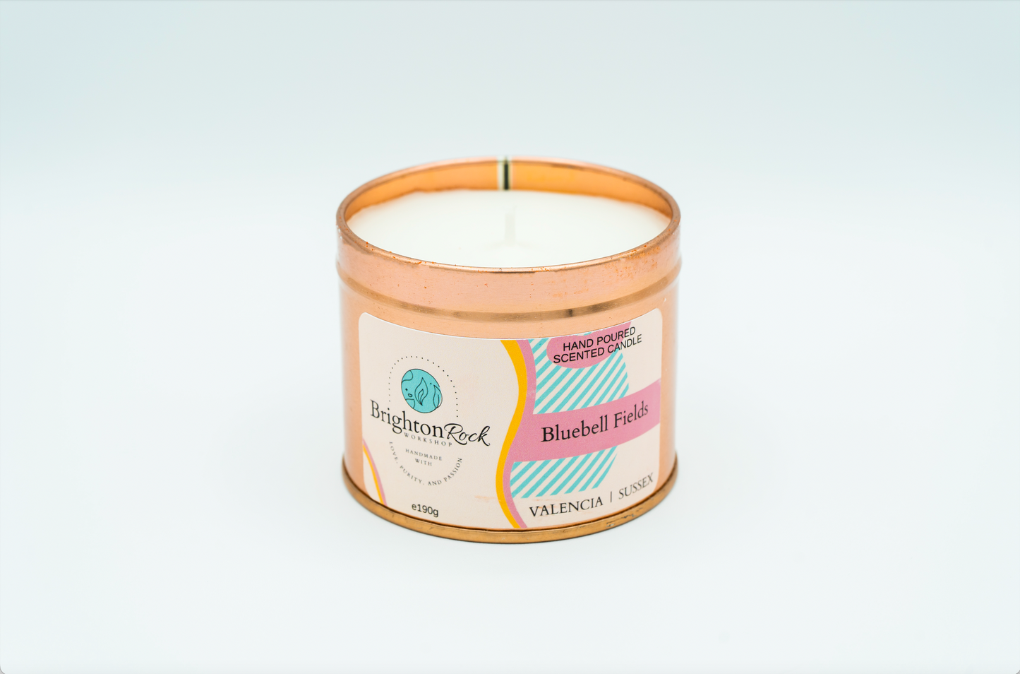 Bluebell Fields scented candle in a rose gold tin with matching lid. Brighton Rock Workshop strongly-scented candles. 190g eco-friendly, sustainable, recyclable packaging, vegan friendly and cruelty free