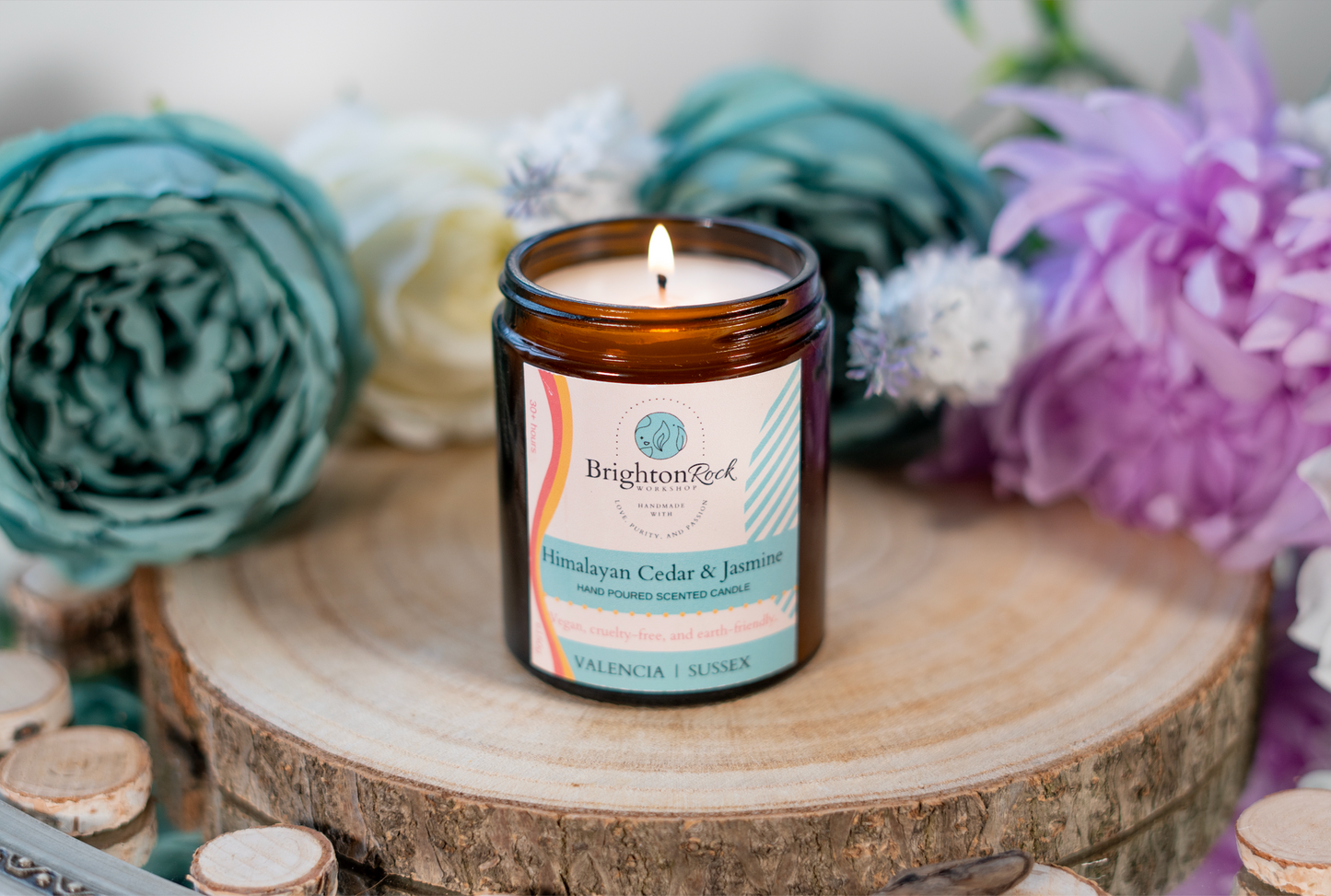 Brighton Rock Workshop Himalayan Cedar & Jasmine scented candle in amber glass jar with black lid. 150g hand poured and handcrafted with love, purity, and passion in Alicante, Spain. Eco-friendly and recyclable, vegan friendly and cruelty free. You are donating to Fripps Farm animal rescue with every purchase.