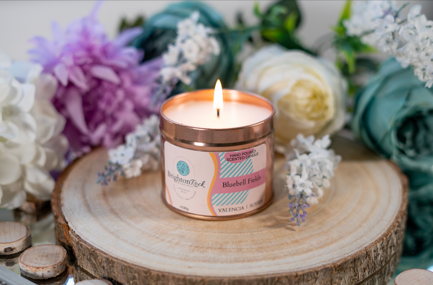 Bluebell Fields scented candle in a rose gold tin with matching lid. Brighton Rock Workshop strongly-scented candles. 190g eco-friendly, sustainable, recyclable packaging, vegan friendly and cruelty free