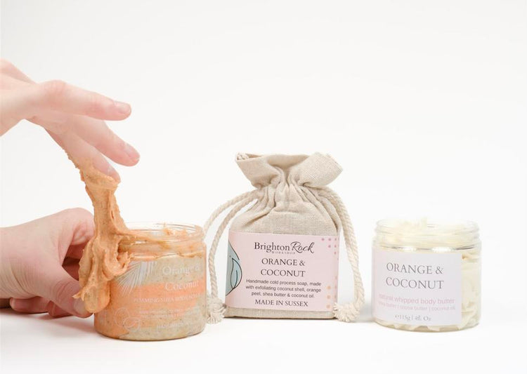 highly nourishing skincare by Brighton Rock Workshop. Made using nourishing butters and oils and cleansing agents. body scrubs, body butters and soaps. vegan friendly, cruelty free, handmade in Sussex, UK