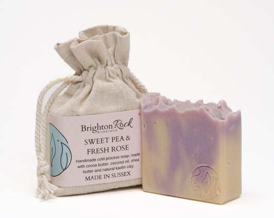 sweet pea and fresh rose floral scented soap handmade with natural ingredients in Brighton, Sussex. Purple and white coconut poil, shea butter, cocoa butter and olive oil cold process soap, vegan friendly and cruelty free