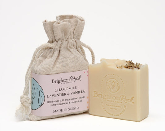 lavender, chamomile & vanilla relaxing and calming soap handmade from natural ingredients in Brighton, UK. Vegan friendly and cruelty-free olive oil, shea butter, coconut oil soap