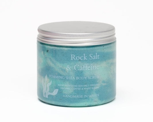 280g pot of rock salt & driftwood scented shower scrub with caffeine (ground coffee), dead sea salt and sugar. Handmade in the UK by Brighton Rock Workshop. Vegan friendly and cruelty free. long lasting scent