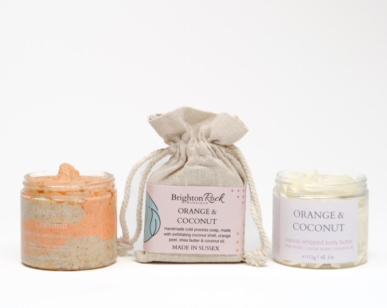 Our Orange & coconut shower collection makes you feel like you are on a sunny beach vacay in the Seychelles! body butter, soap and 280g scrub with coconut shell fibre, ground orange peel, and coconut sugar exfoliants in a shea butter soap base. vegan friendly, cruelty free, handmade in Brighton, UK.
