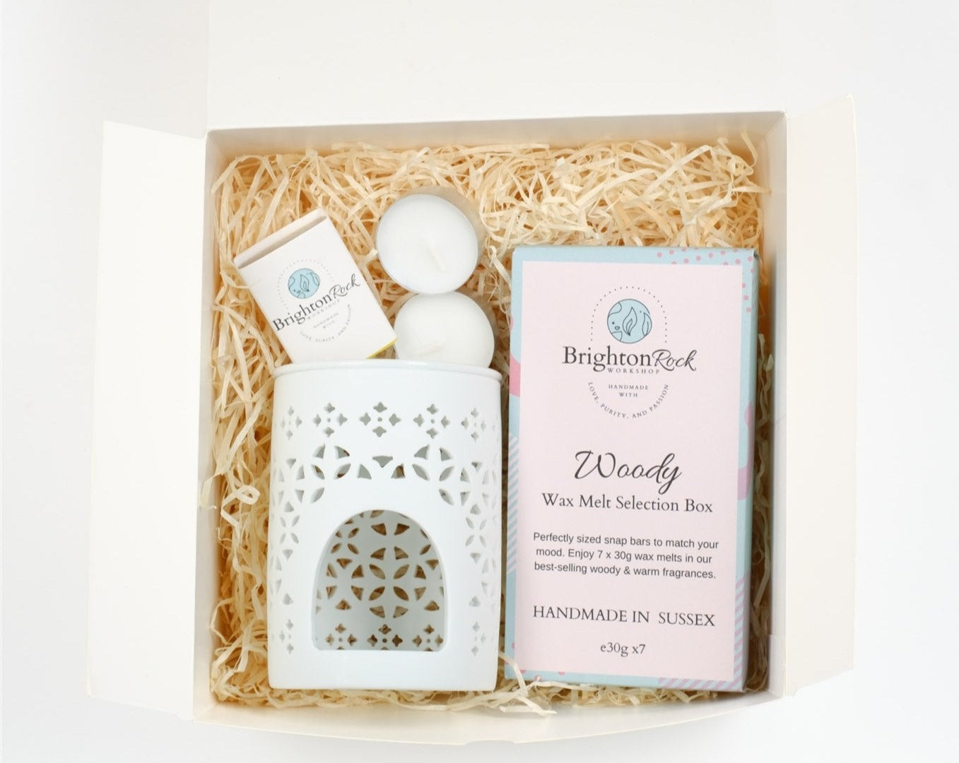 Brighton Rock Workshop wax melt selection box and burner gift set - woody scents and white tea light burner set with matches and candles. vegan and handmade in the UK