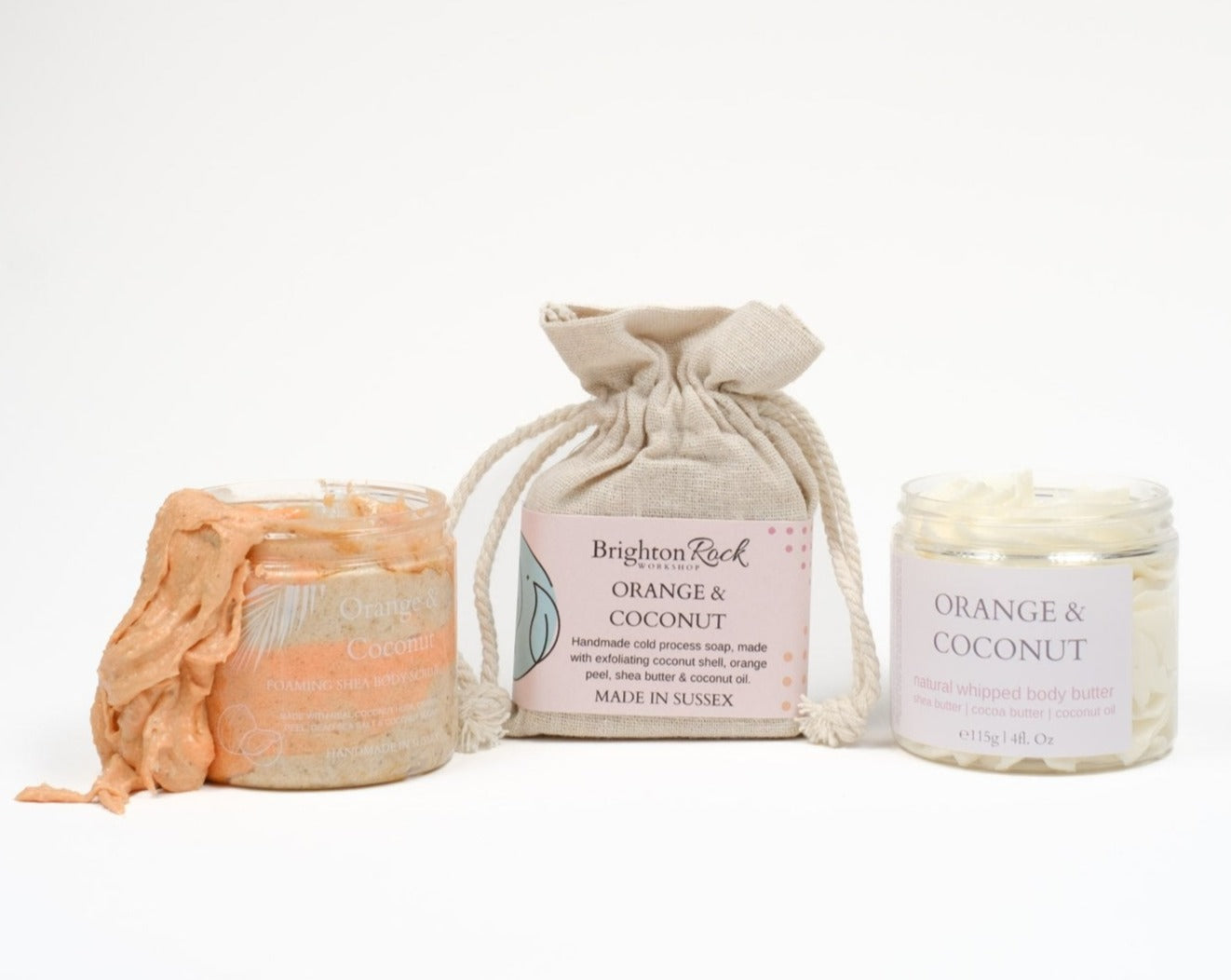 orange & coconut vegan and cruelty free skincare set. foaming shower scrub and natural whipped body butter with handmade soap - made in Brighton, UK
