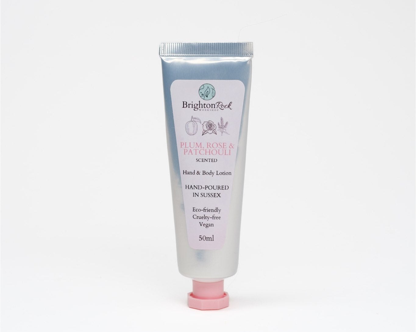 Plum, rose & patchouli mini lotion 50ml. vegan and cruelty free lotion handmade in brighten. long lasting sweet fruity floral scent. aluminium recyclable tube