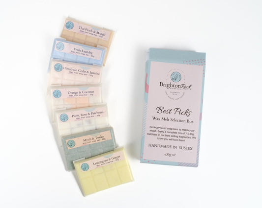 Brighton Rock Workshop Wax melt selection box. 7 of our best selling fragrances in 30g bite-sized bars. Handmade and packaged in eco-friendly and sustainable glassine paper packaging. vegan and cruelty free. ethically made in the UK.