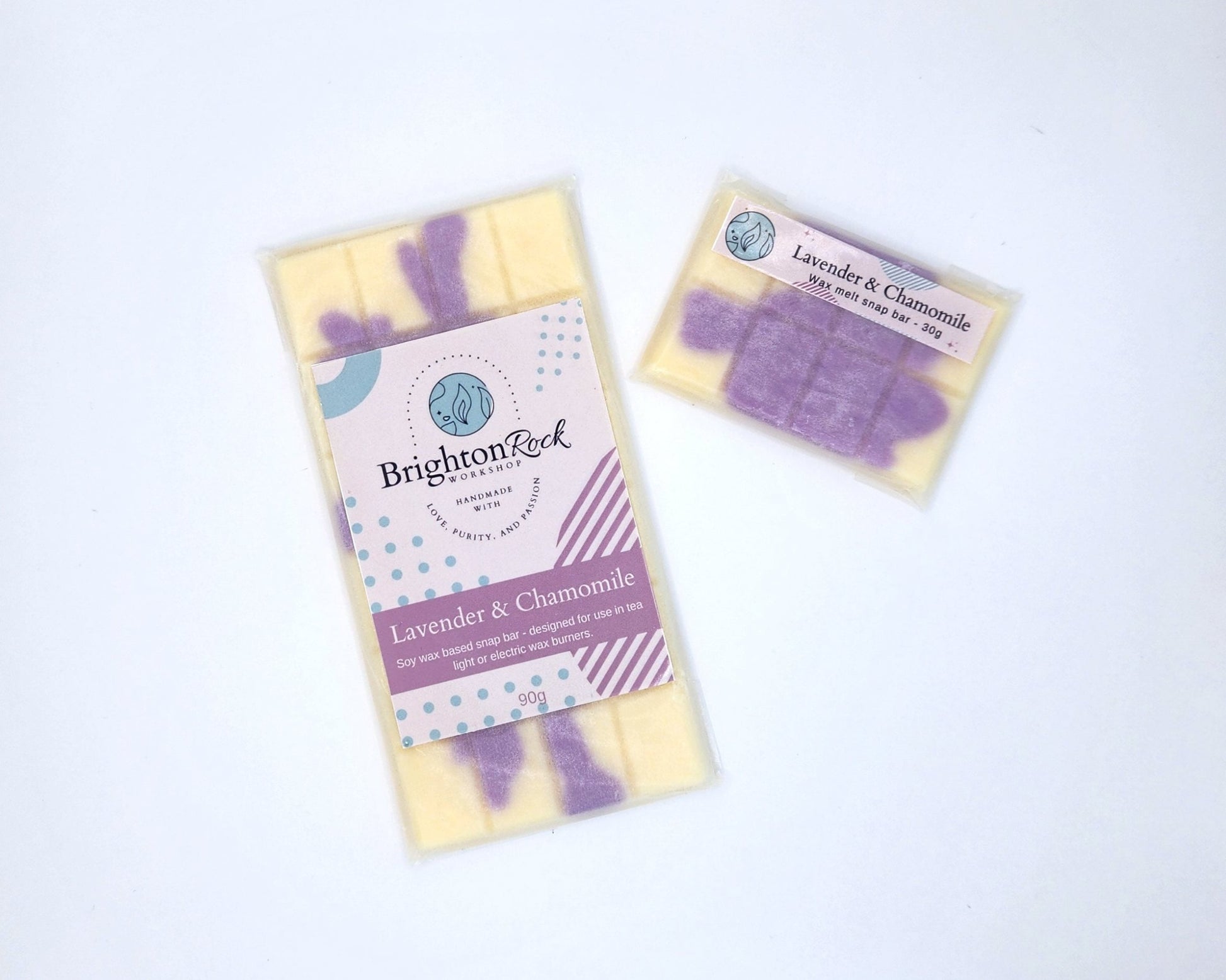 chamomile, lavender & vanilla wax melt snap bar plant based vegan friendly home fragrances handmade in brighton, UK. Long lasting scents for the bath, body and home