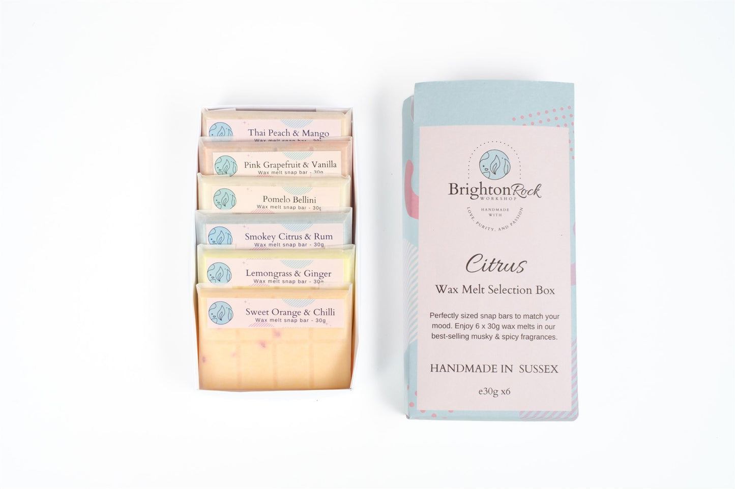 citrus wax melt selection box. 6 x 30g bars of luxury and high quality citrussy scents in plant based wax. vegan and handmade in the UK. Brighton Rock Workshop