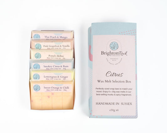 Citrus fragrances Brighton Rock Workshop wax melt snap bar selection box. enjoy 6 strongly scented 30 gram bars in our best selling citrus scents. Eco friendly product and packaging. sustainable, vegan friendly and cruelty free. long-lasting