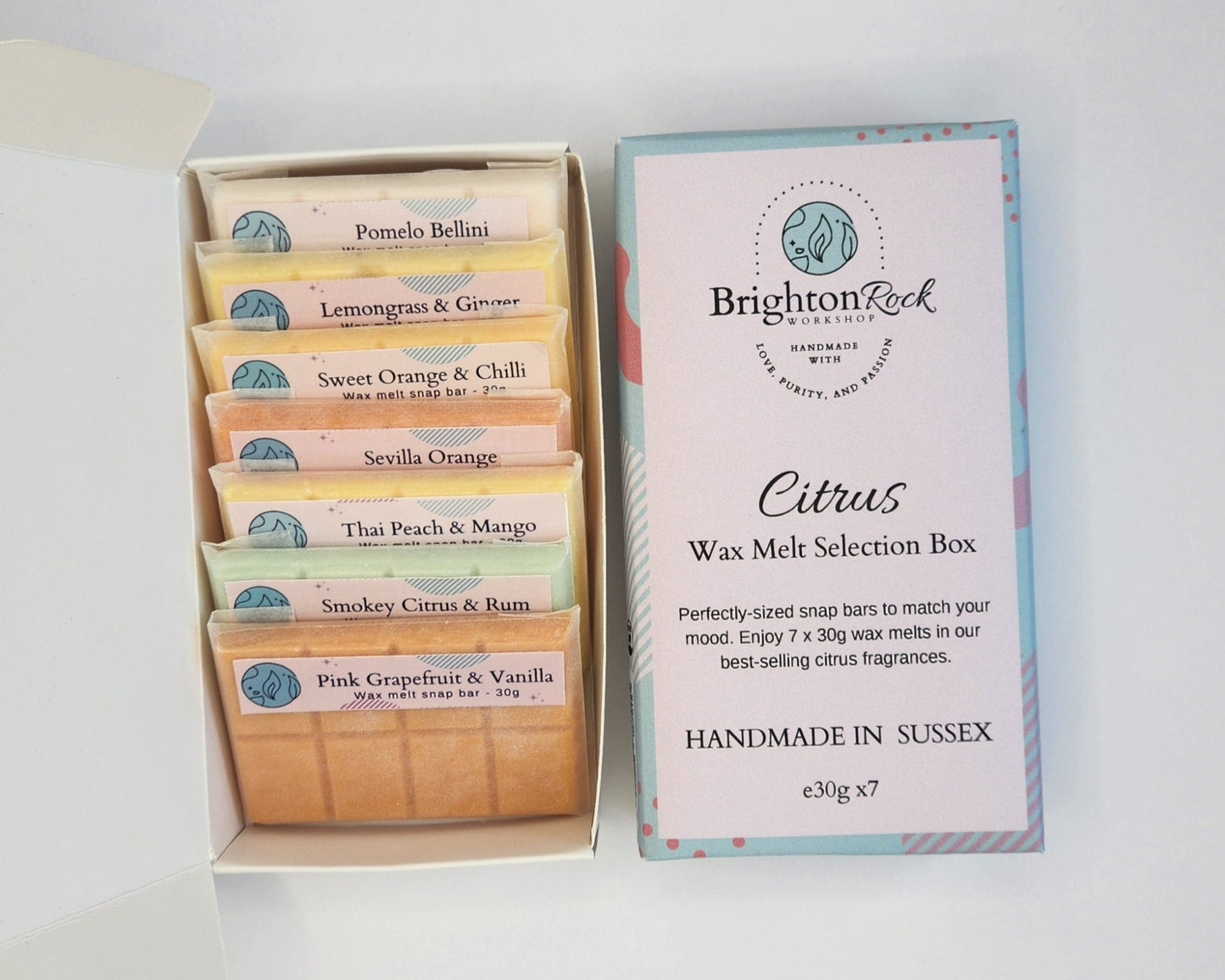 Citrus fragrances Brighton Rock Workshop wax melt snap bar selection box. enjoy 6 strongly scented 30 gram bars in our best selling citrus scents. Eco friendly product and packaging. sustainable, vegan friendly and cruelty free. long-lasting