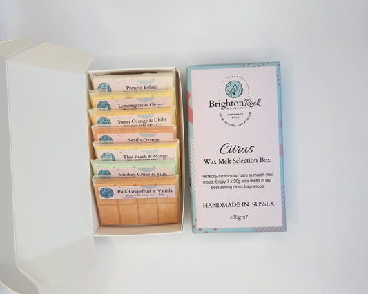 Citrus fragrances Brighton Rock Workshop wax melt snap bar selection box. enjoy 6 strongly scented 30 gram bars in our best selling citrus scents. Eco friendly product and packaging. sustainable, vegan friendly and cruelty free. long-lasting