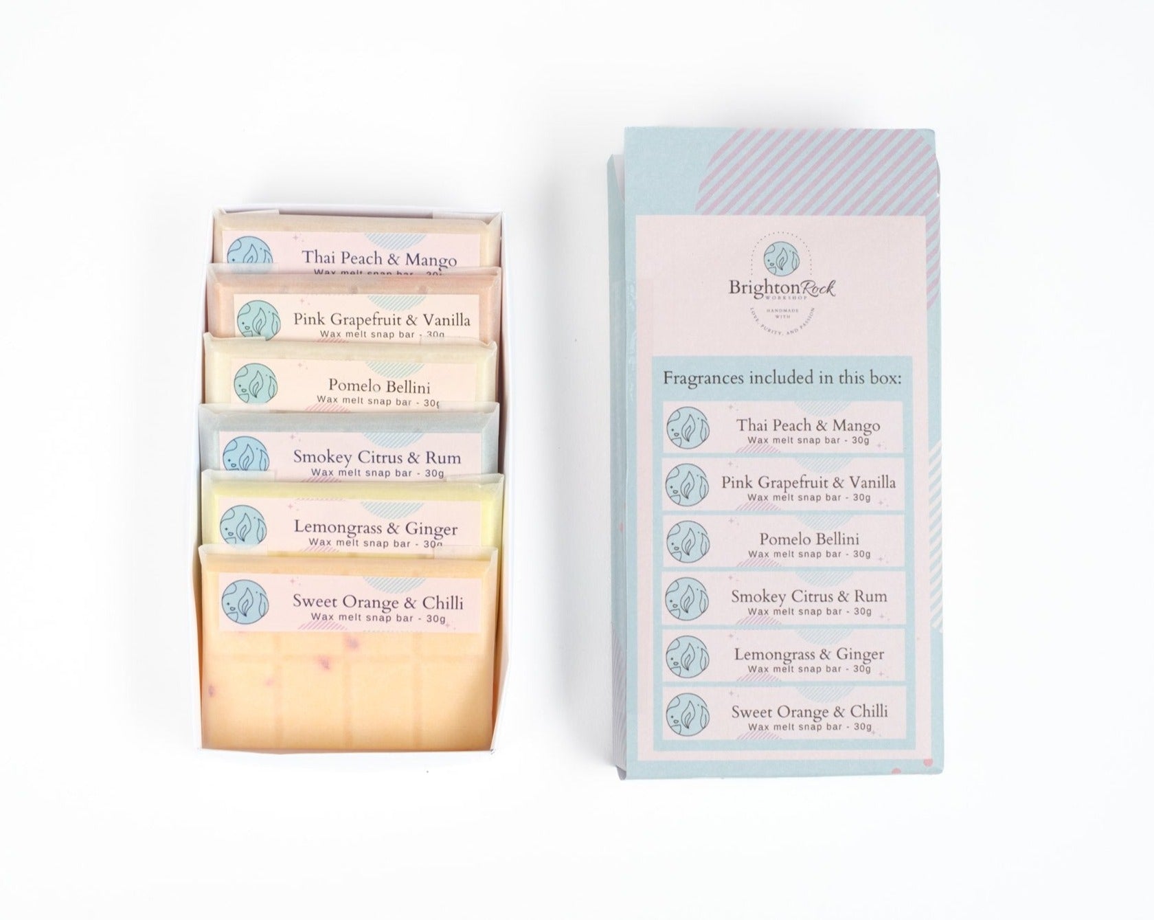 Citrus fragrances Brighton Rock Workshop wax melt snap bar selection box. enjoy 6 strongly scented 30 gram bars in our best selling citrus scents. Eco friendly product and packaging. sustainable, vegan friendly and cruelty free. long-lasting