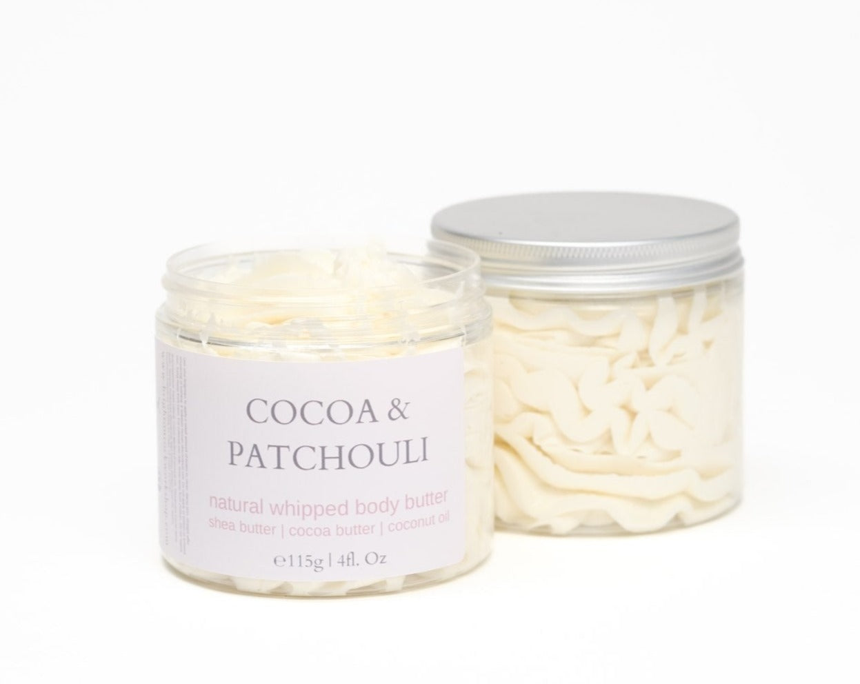 Brighton Rock Workshop's Cocoa & patchouli natural whipped body butter made from natural shea, cocoa butter, and coconut oil. Non greasy nourishing butter for soft skin. Handmade in the UK. Vegan, cruelty free, natural skincare