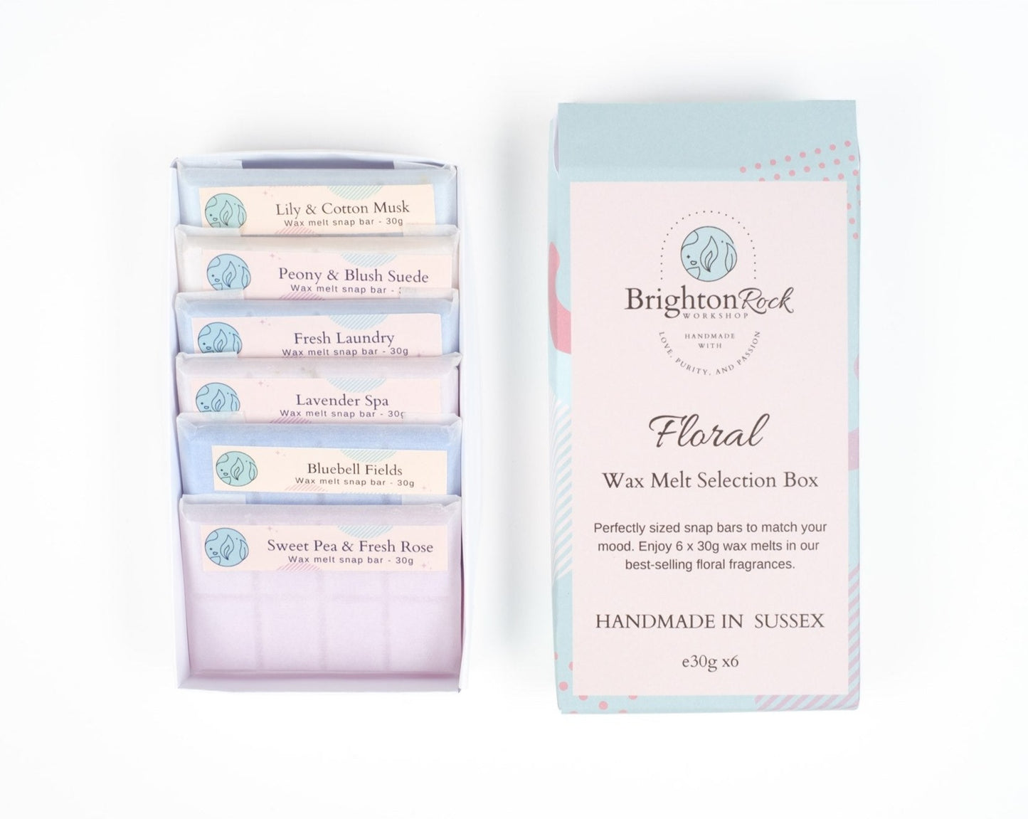 Floral fragrances Brighton Rock Workshop wax melt snap bar selection box. enjoy 6 x 30 gram bars in our best selling floral scents. Eco friendly product and packaging. sustainable, vegan friendly and cruelty free