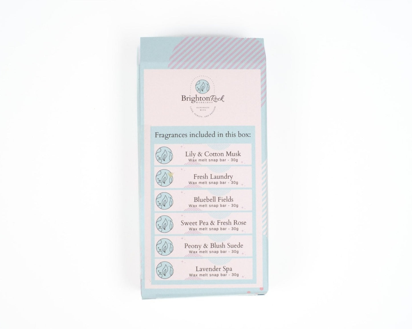 Floral fragrances Brighton Rock Workshop wax melt snap bar selection box. enjoy 6 x 30 gram bars in our best selling floral scents. Eco friendly product and packaging. sustainable, vegan friendly and cruelty free. back of box